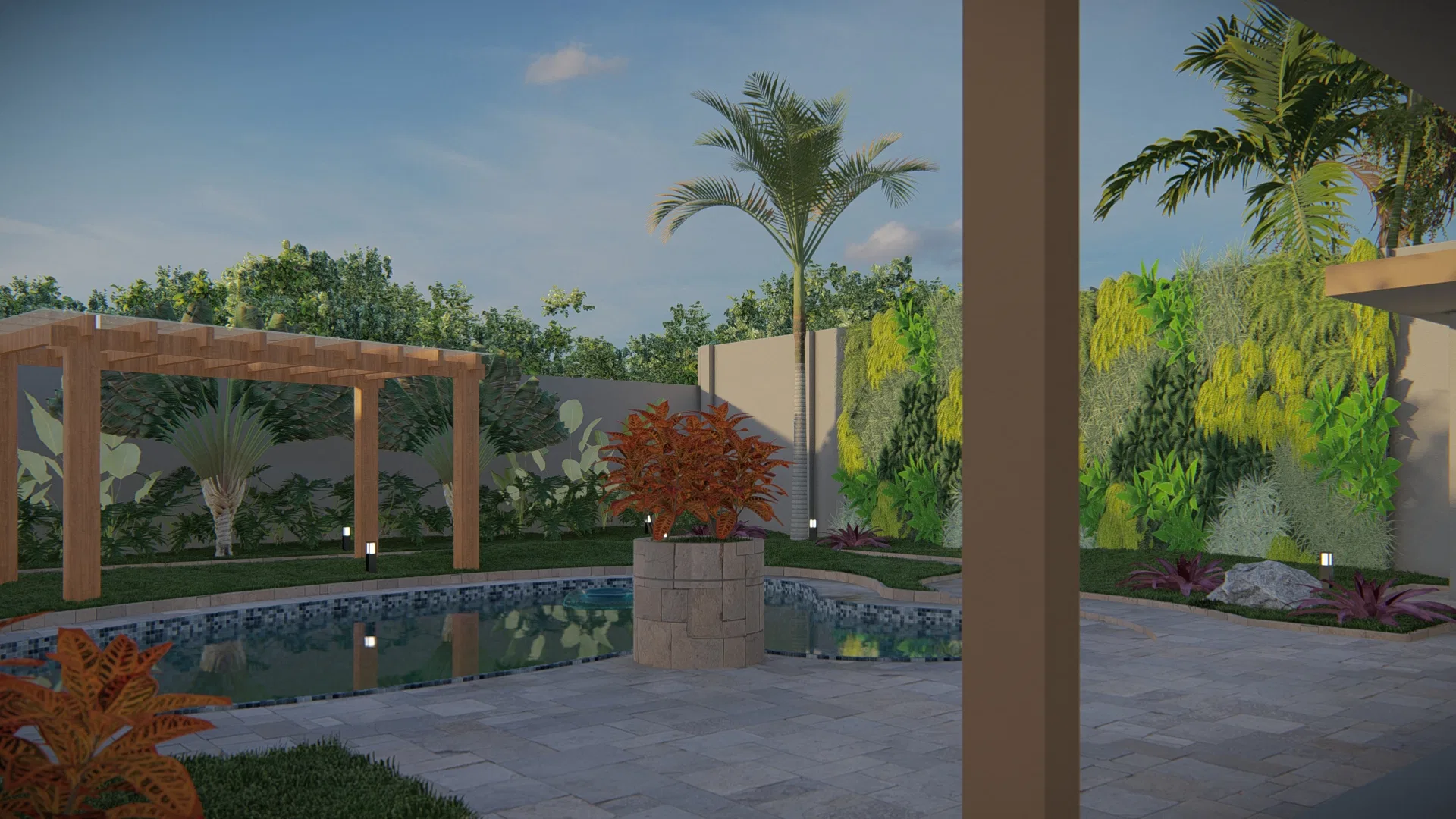 Pool patio at dusk seen from under a covered veranda, with a wood pergola, living wall and a red-leafed potted plant