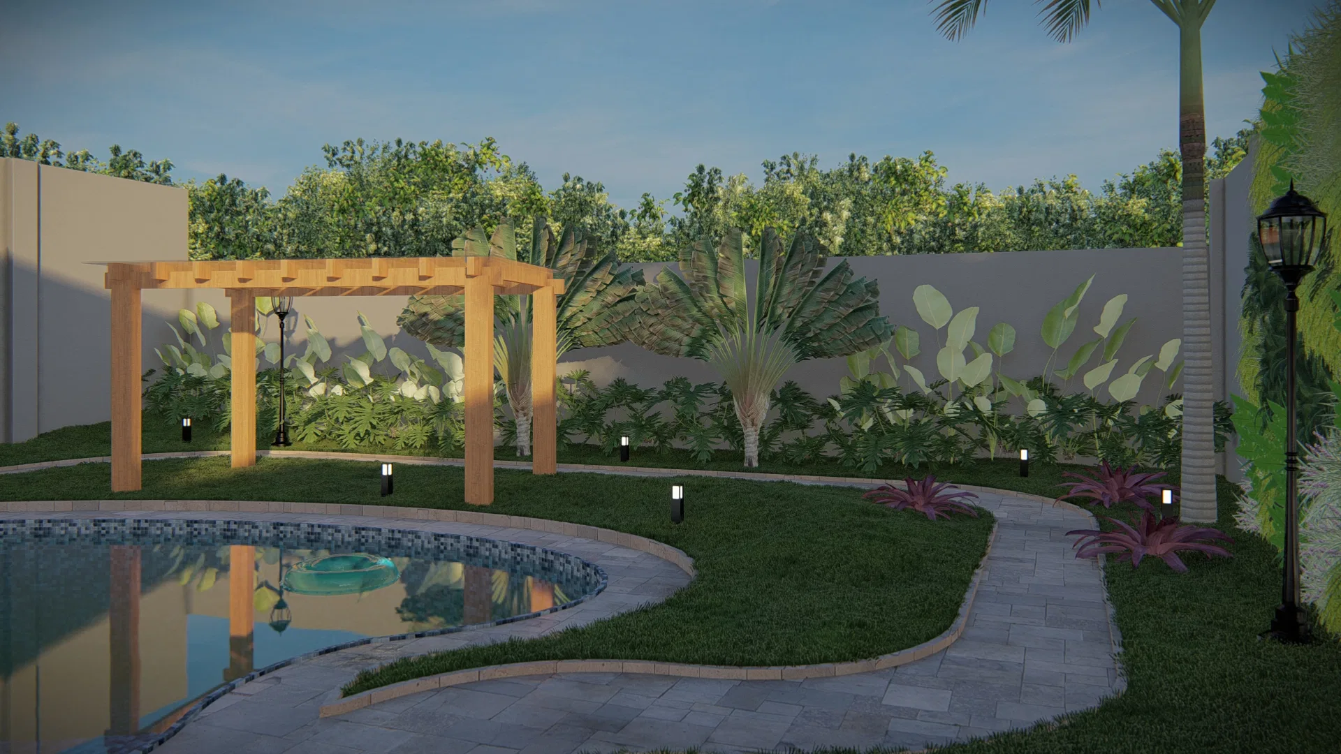 Curved-edge pool at dusk with a wood pergola, a stone pathway and light-colored foliage beds