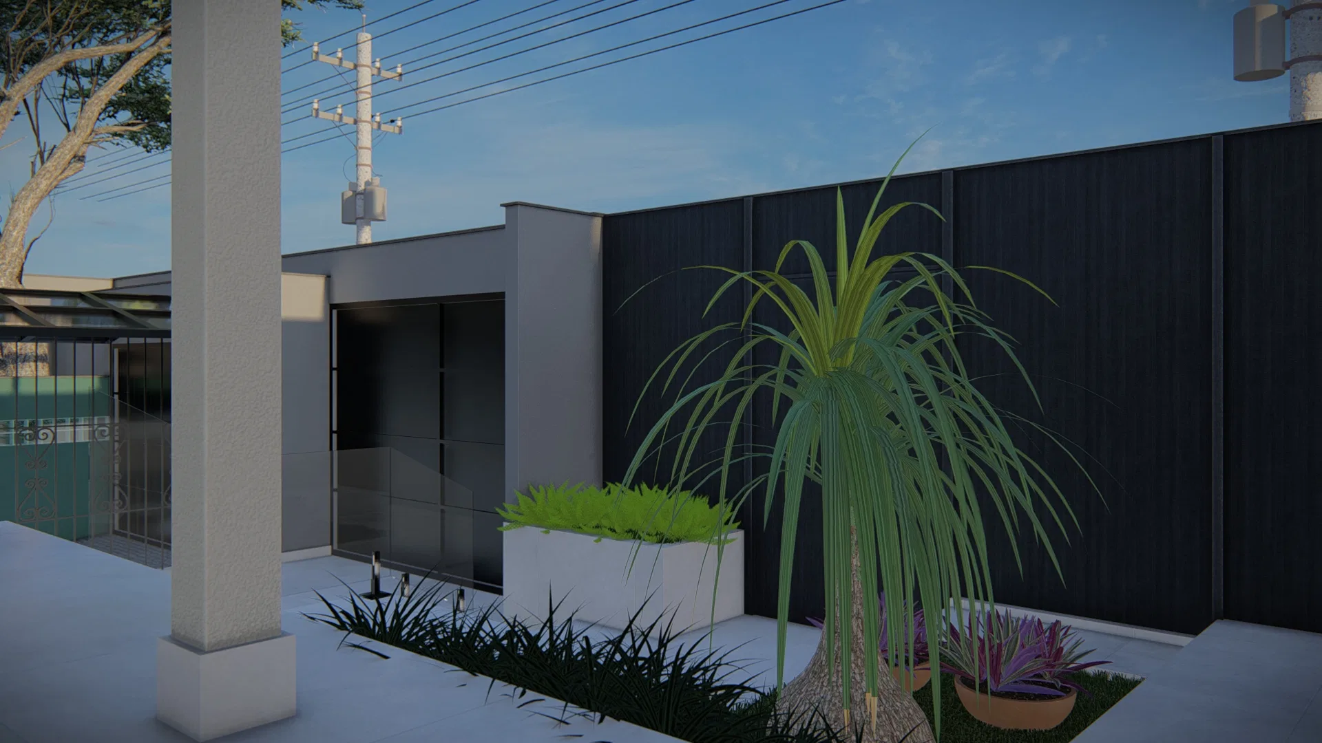 Side facade of a house with a dark wood-slat wall, a raised planter and a feature long-leafed plant