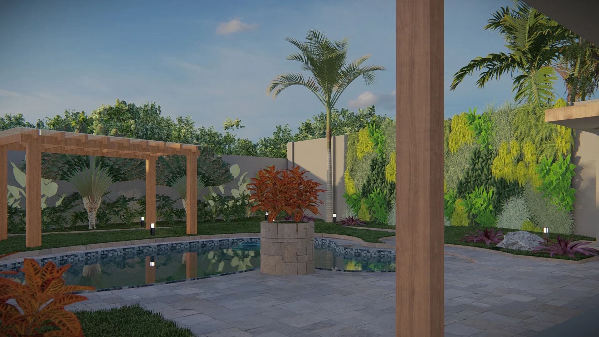Pool patio during the day seen from under a covered veranda, with a wood pergola and living wall in the background