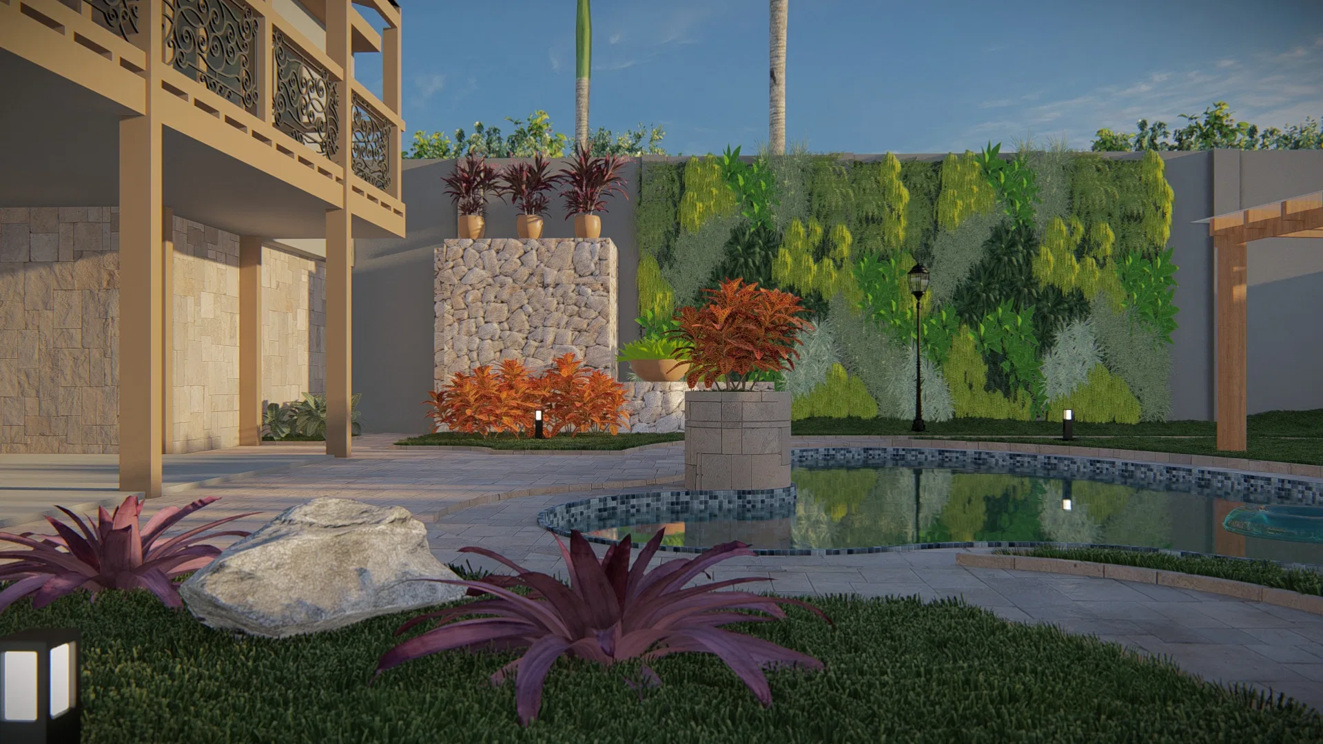 Patio view with a pool, a living wall above the boundary, a stone panel with potted plants and a red-foliage bed