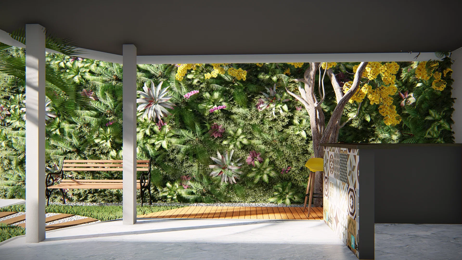 Patio under a dark slab facing a flowering living wall, with a cast-iron bench, timber deck and a patterned-tile counter