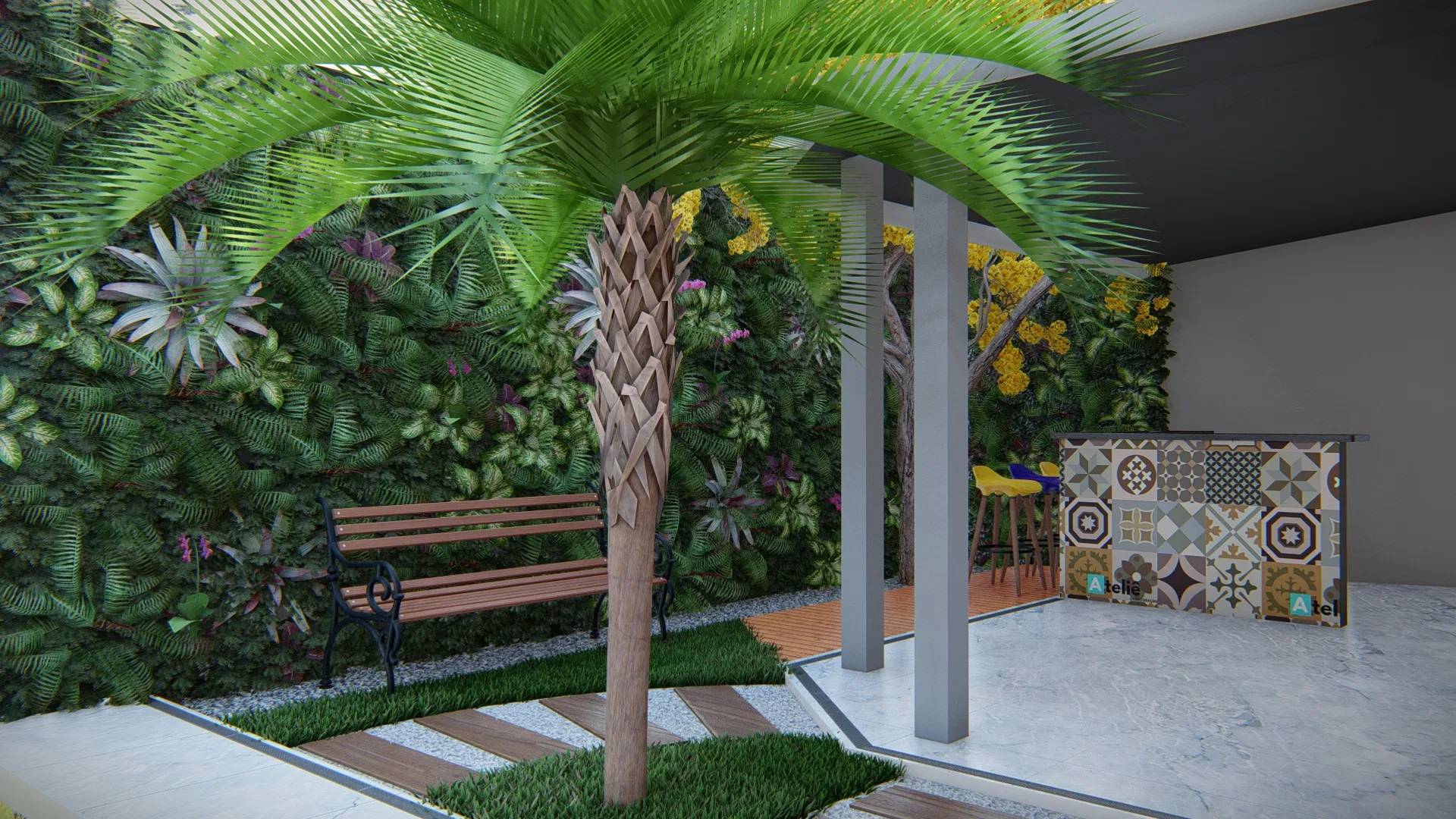 Central palm before the green wall, with a cast-iron bench, a stone-and-timber path and a colourful tiled bar