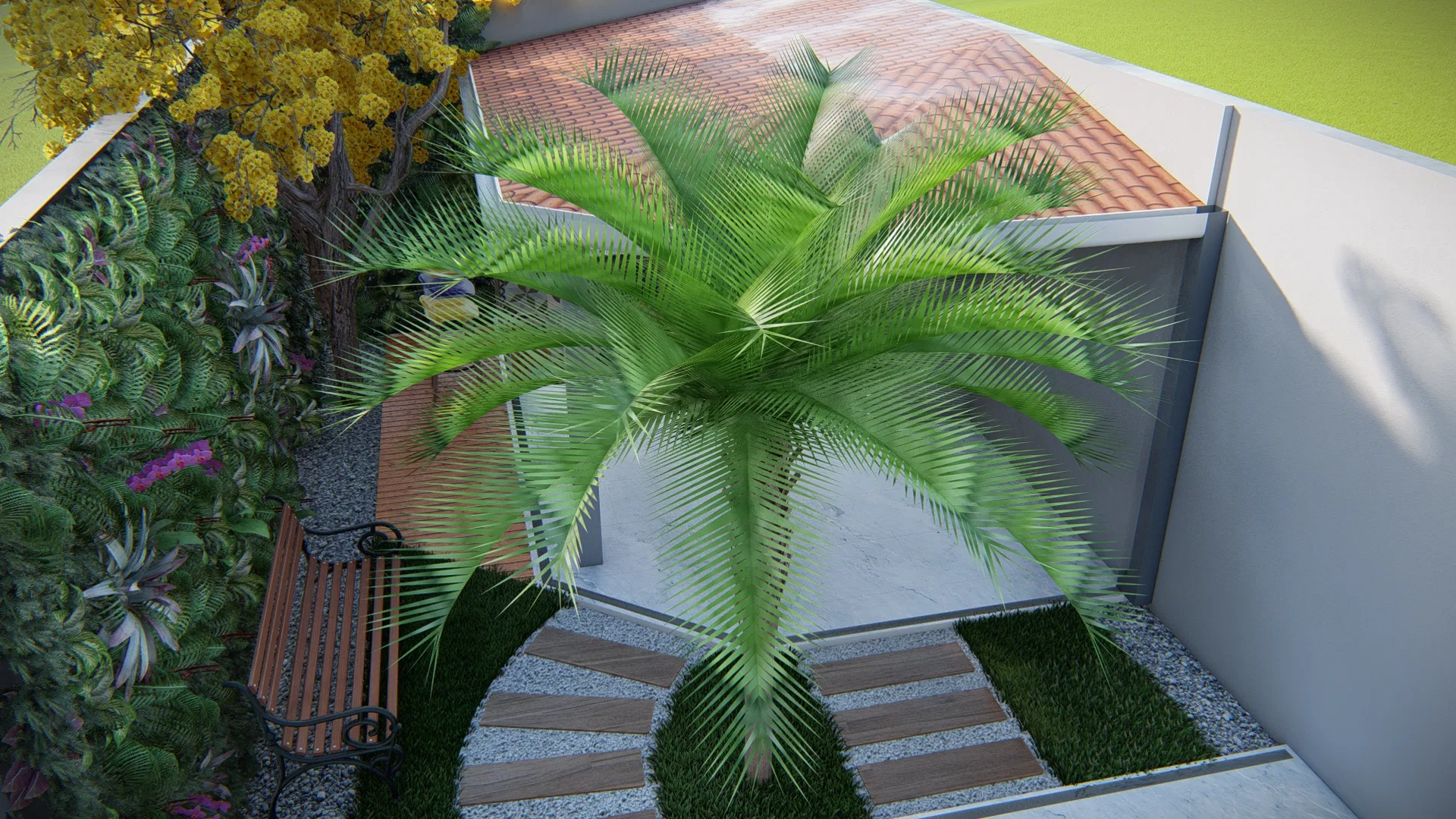 Oblique aerial of the patio, showing a palm with radiating fronds, ceramic-tiled roof, stone path and perimeter walls