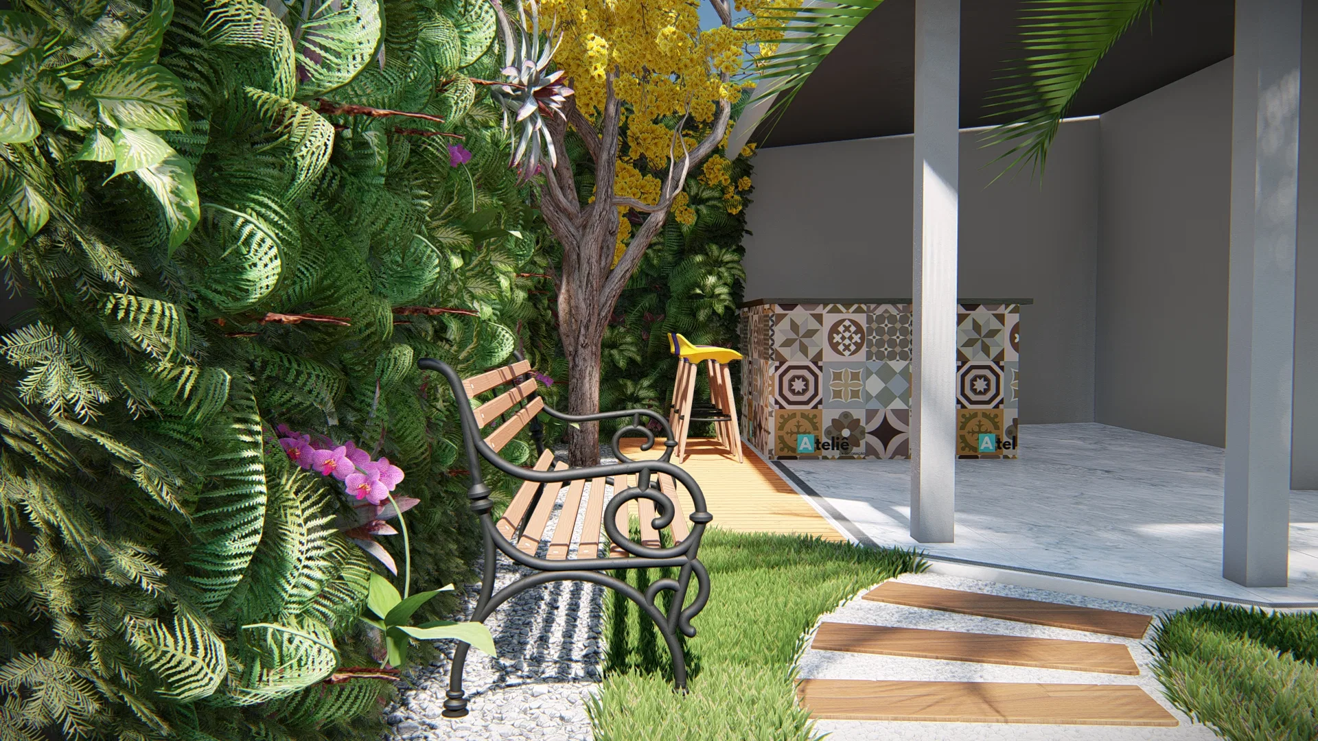 Vertical garden of tropical foliage and pink orchids beside a wooden bench and a counter clad in encaustic tiles