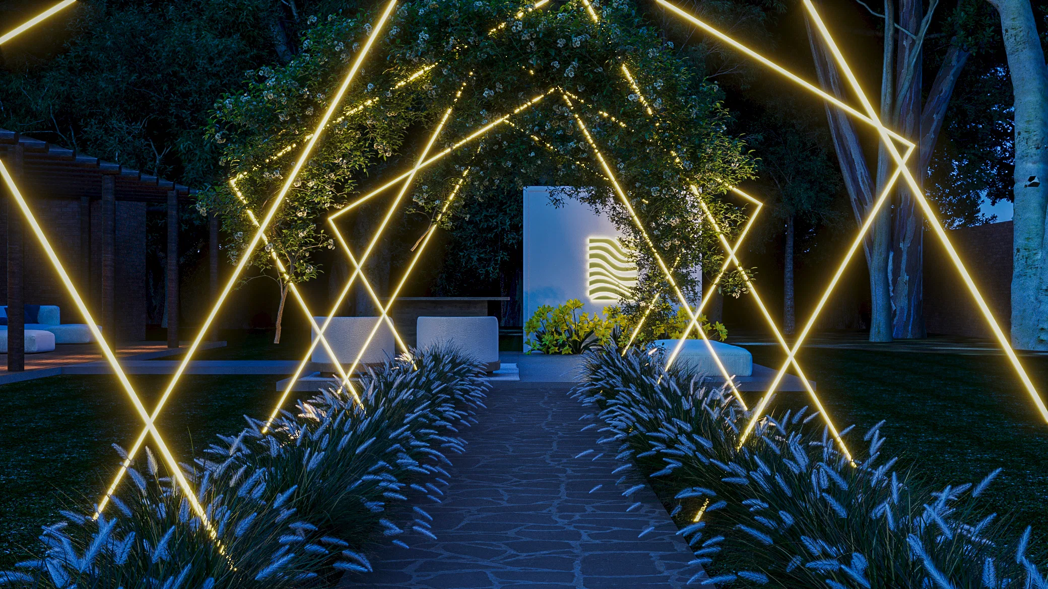 Stone garden walkway at night, flanked by lit ornamental grasses and an arch of yellow light lines among the trees