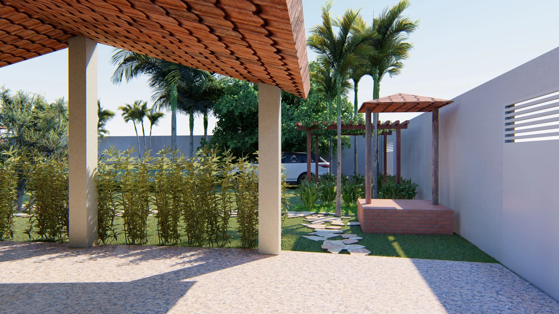 Carport covered by a wooden pergola over a gravel floor, with an openwork vine trellis and a small brick pergola beyond