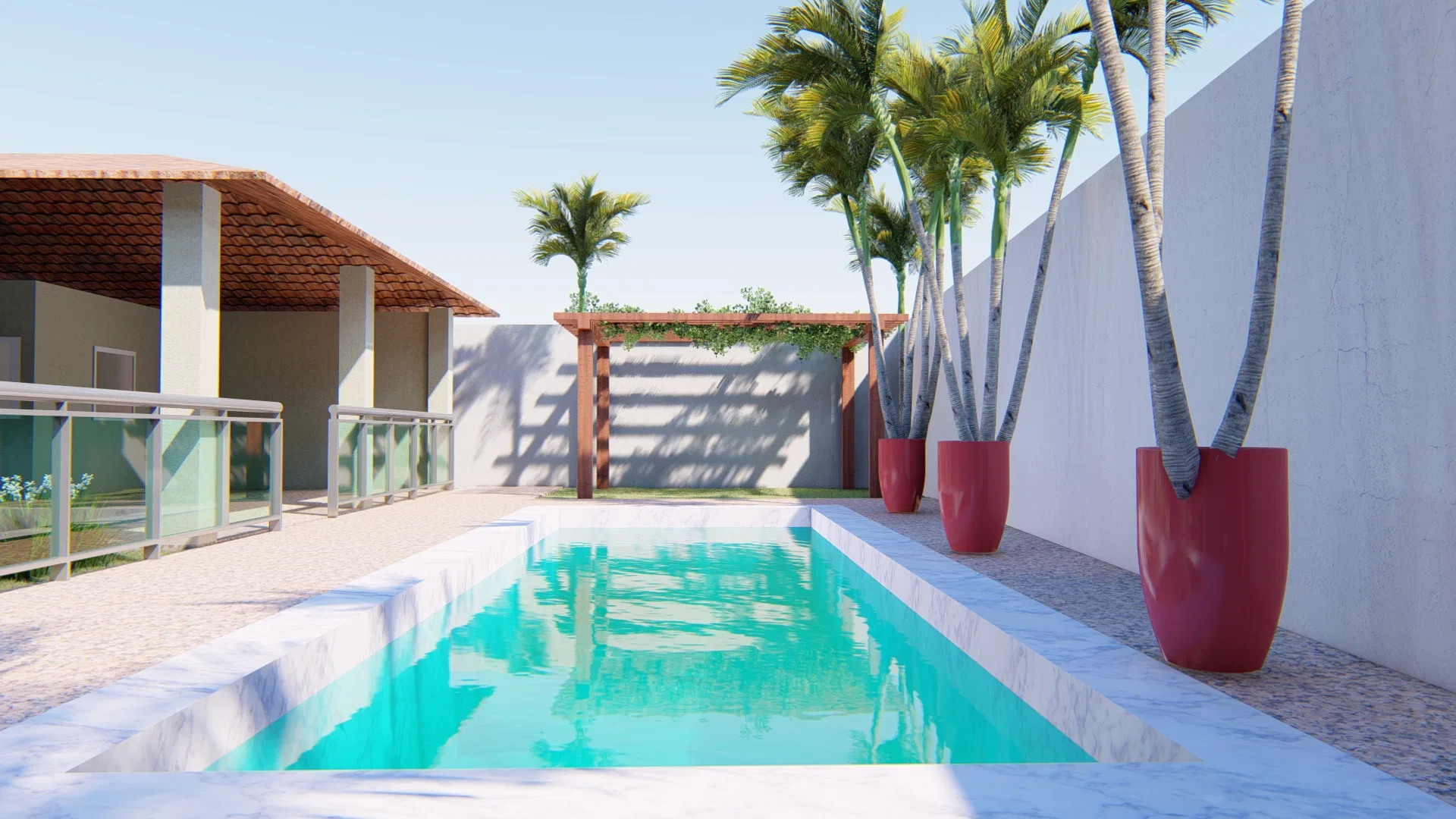 Pool with a light stone deck, red pots holding palms and a wooden pergola resting against the side wall
