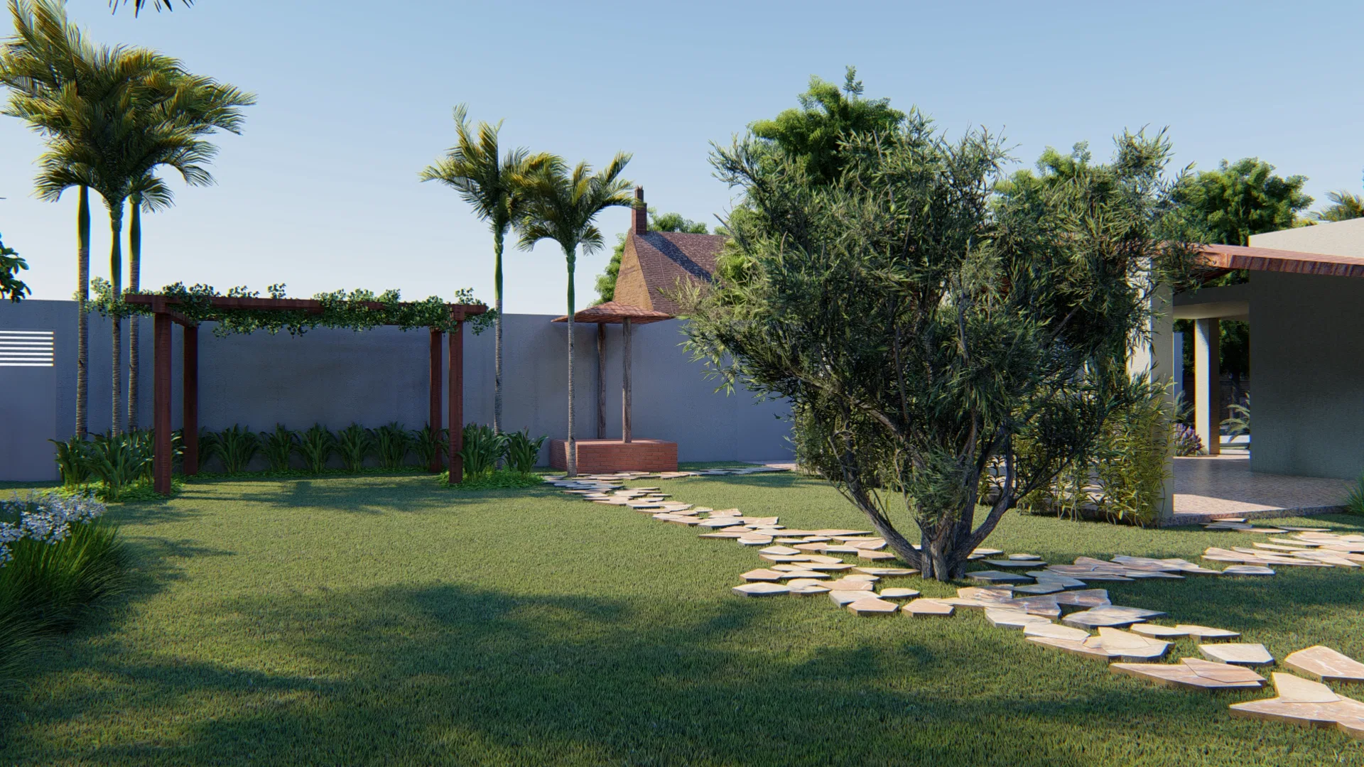 Outdoor seating area under a wooden pergola, with a central tree and a path of irregular stone slabs crossing the lawn