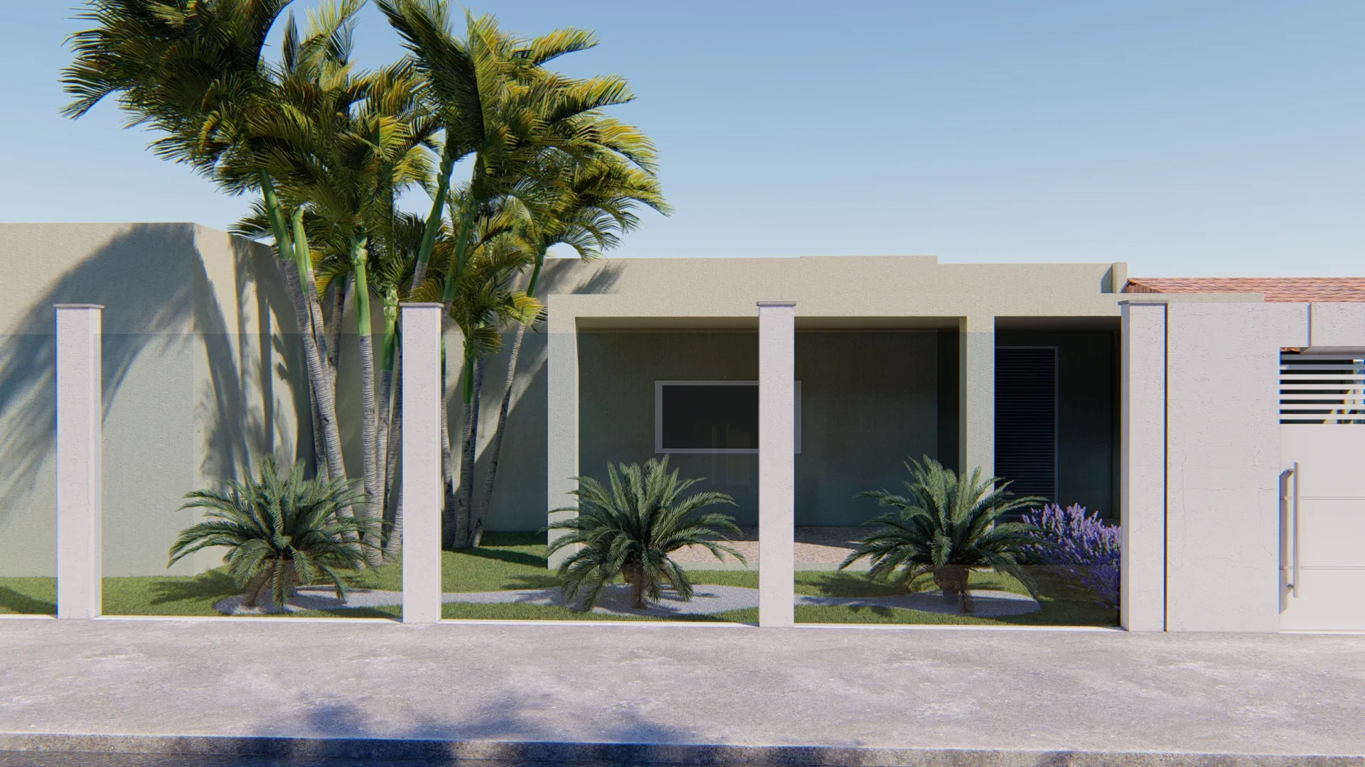 Entrance garden with a cluster of palms, cycads at the portico columns and a bed of purple flowers lining the access path