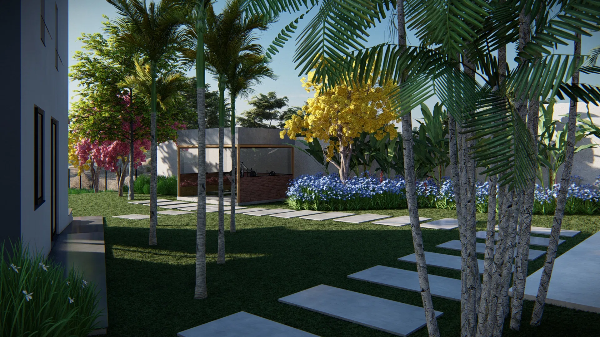 Path of concrete pavers among royal palms, a bed of blue flowers and an entrance pergola at the far end of the garden