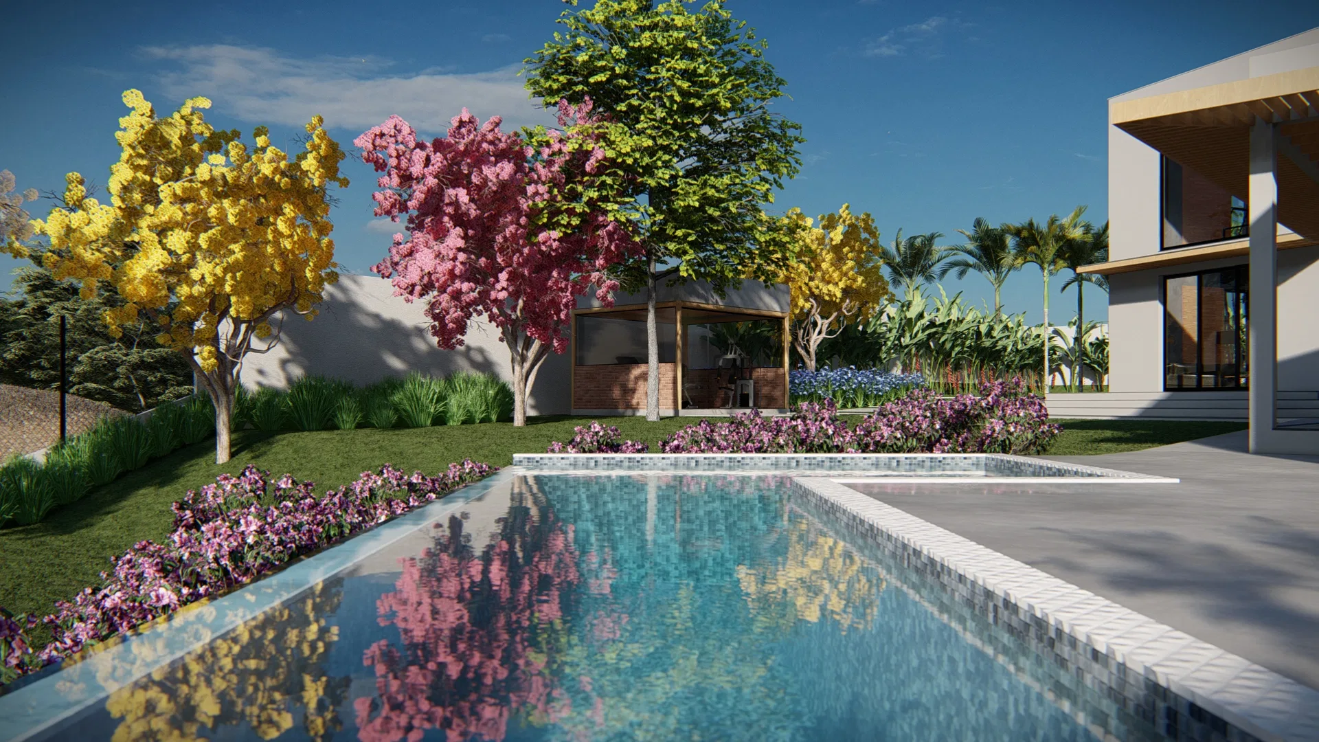 Infinity pool reflecting yellow and pink flowering trees, with a wooden pergola and a bed of purple flowers to the side