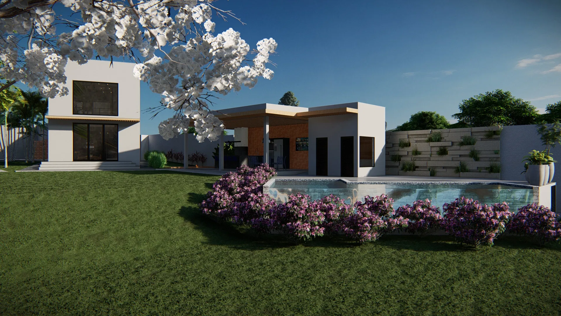 Garden view with a blooming white tree and a bed of purple flowers framing a narrow-edge pool by the wall