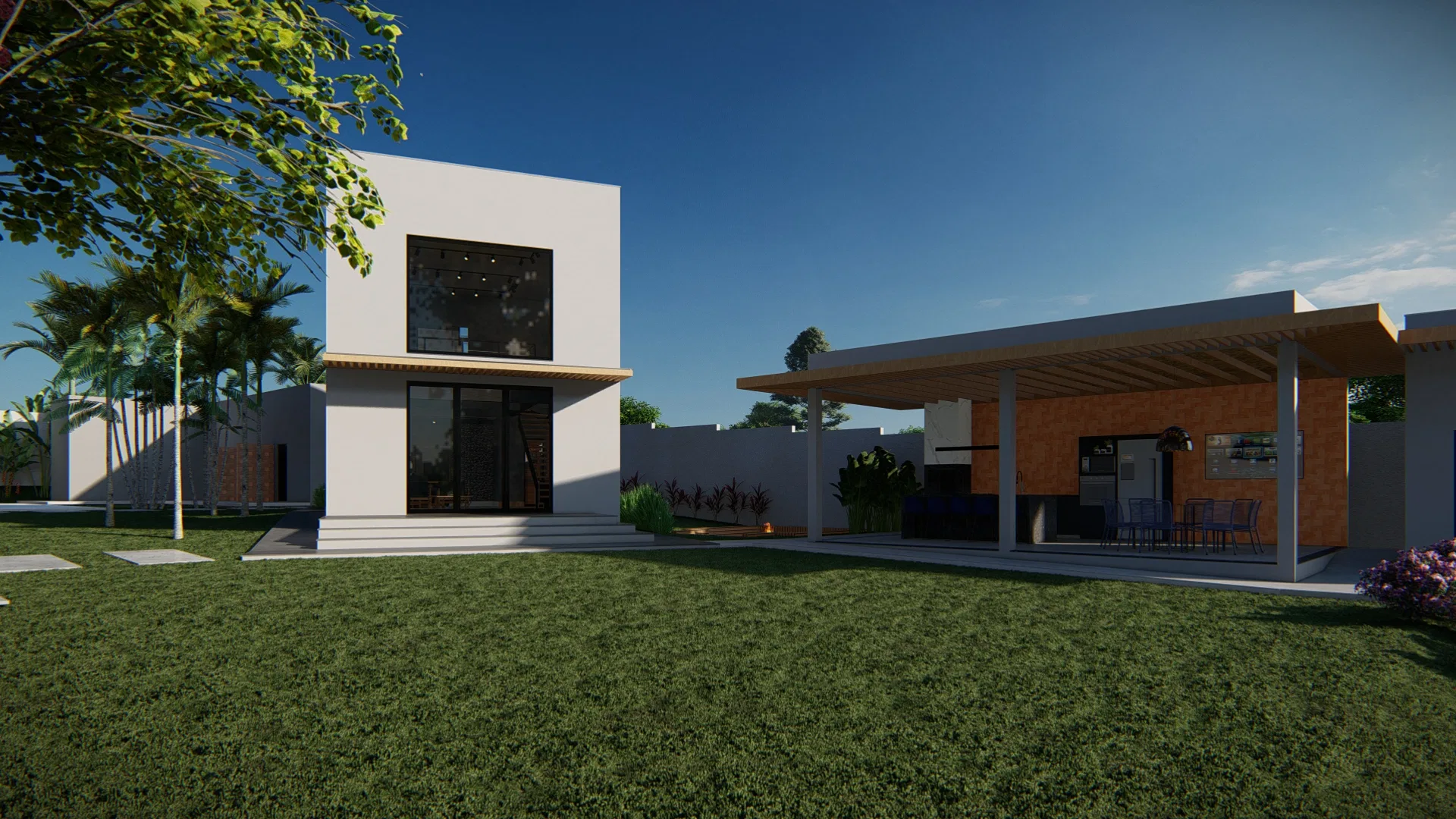Side facade with a two-story white volume and a covered lounge area under a pergola with orange cement-board cladding