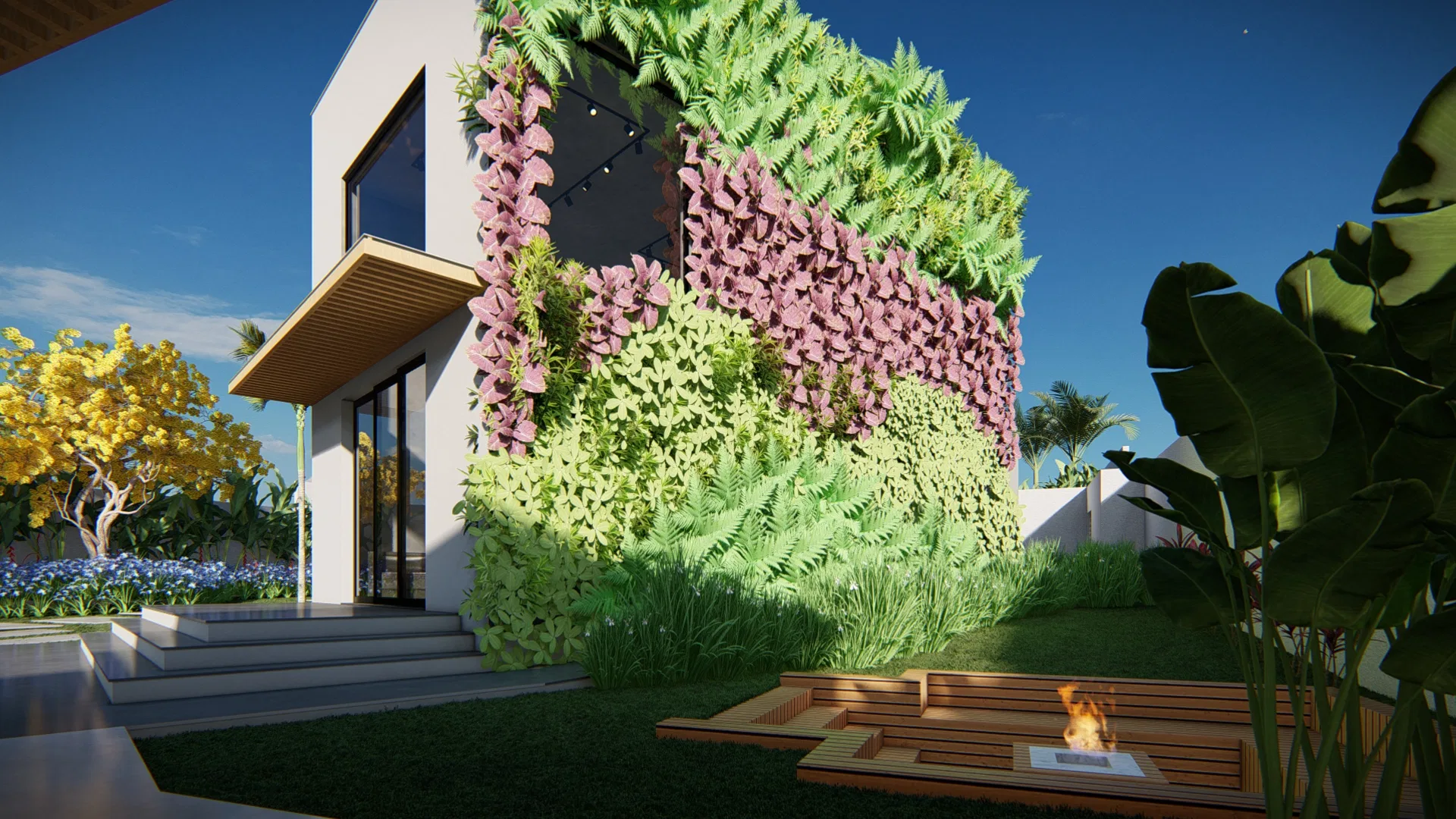 Living wall panel of ferns and pink coleus beside a wooden deck with a built-in fire pit set into the lawn