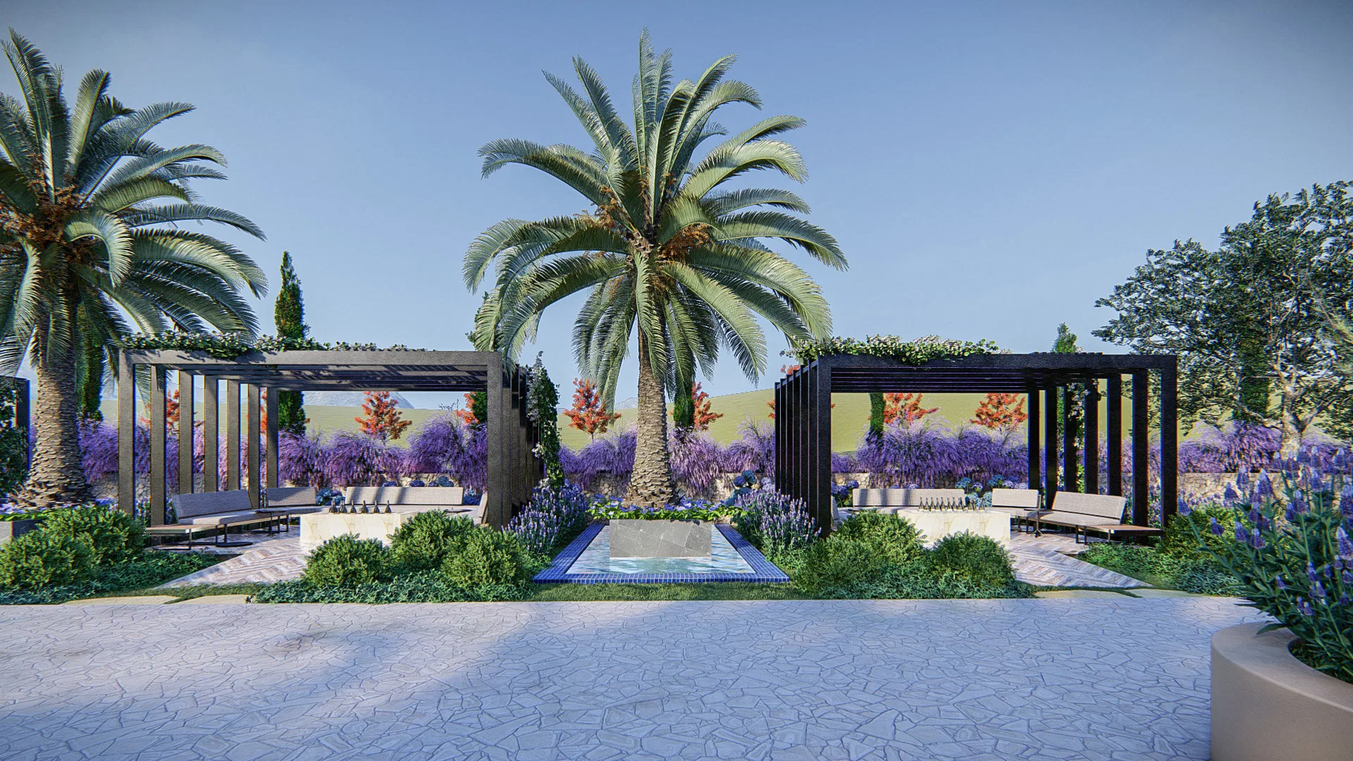 Two wood pergolas connected by a central reflecting pool, surrounded by purple lavender and tall palm trees