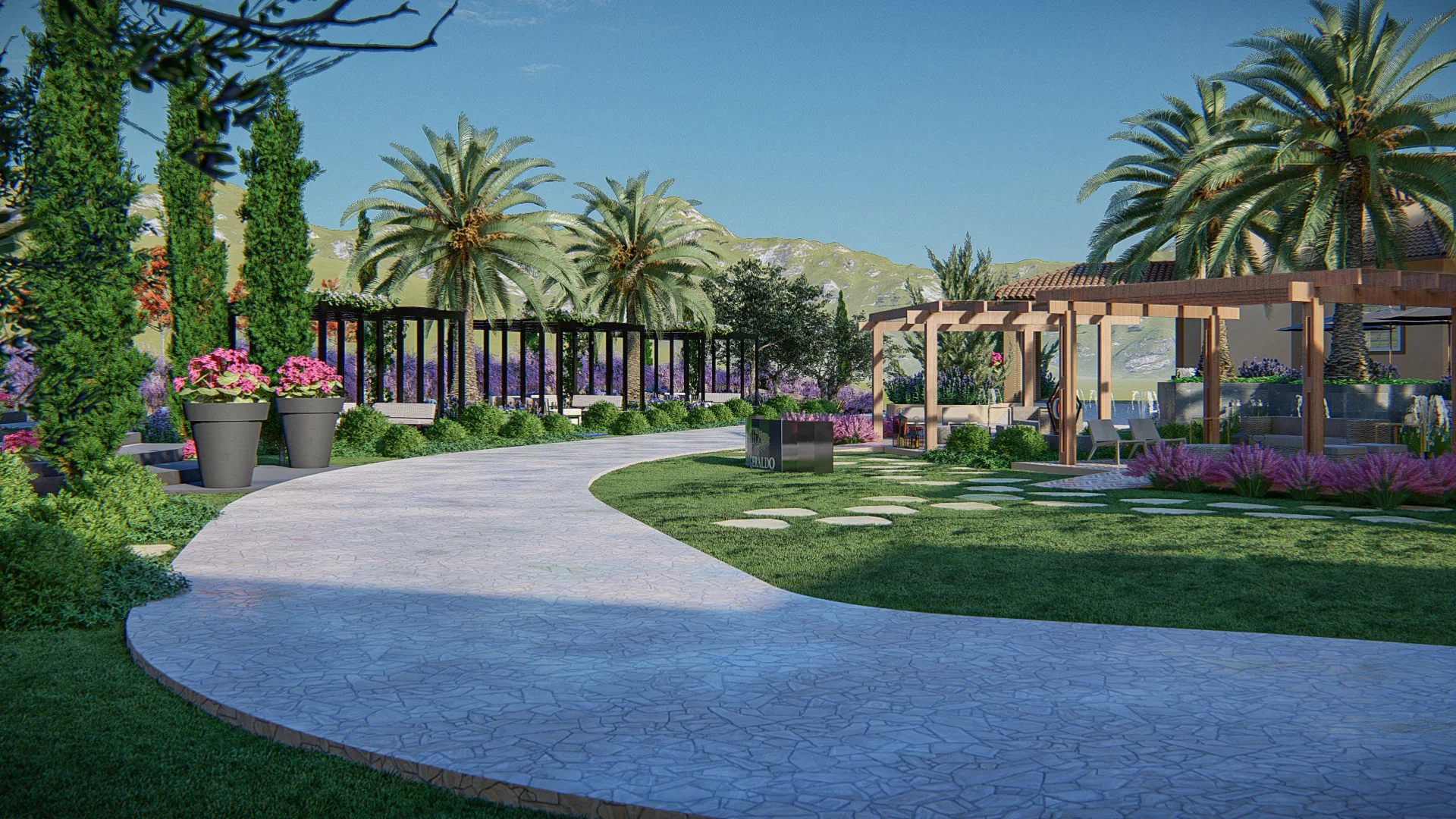 Aerial view of a property with aligned cypress trees, wood pergolas and pink flowering beds surrounding the lawn