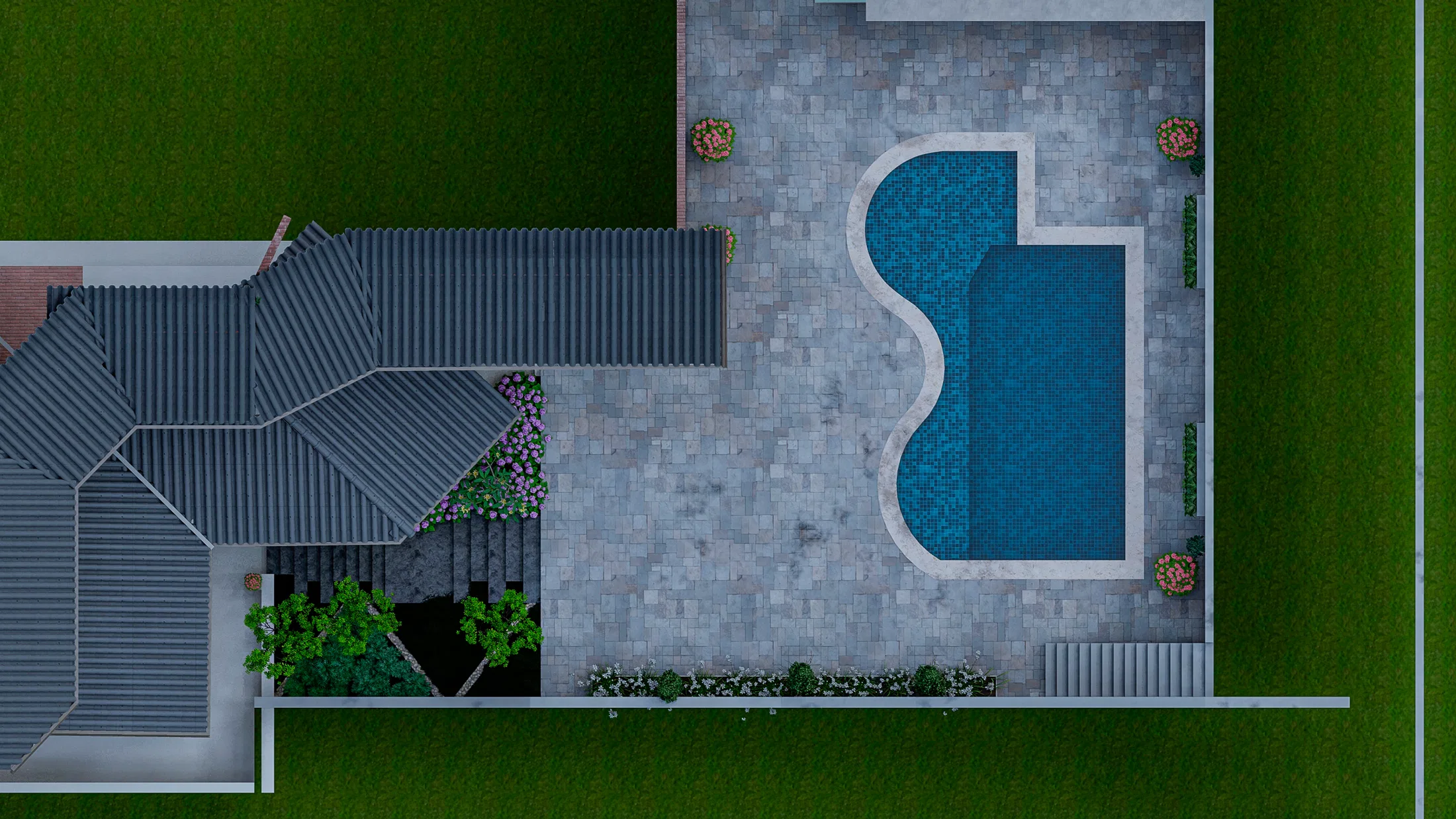 Top-down view of the backyard showing the curved-edge pool, stone paving and the beds that separate the leisure area from the lawn