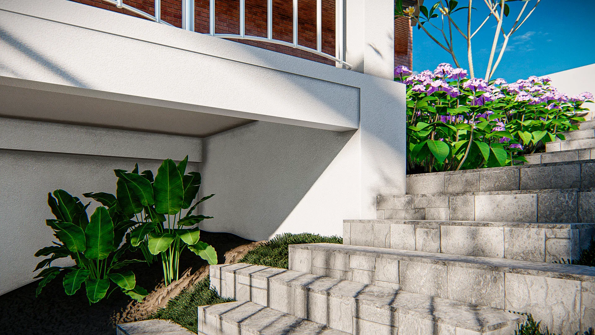 Detail beneath the raised balcony, with stone-block steps, bird-of-paradise foliage in a planted pocket and purple hydrangeas on the upper level