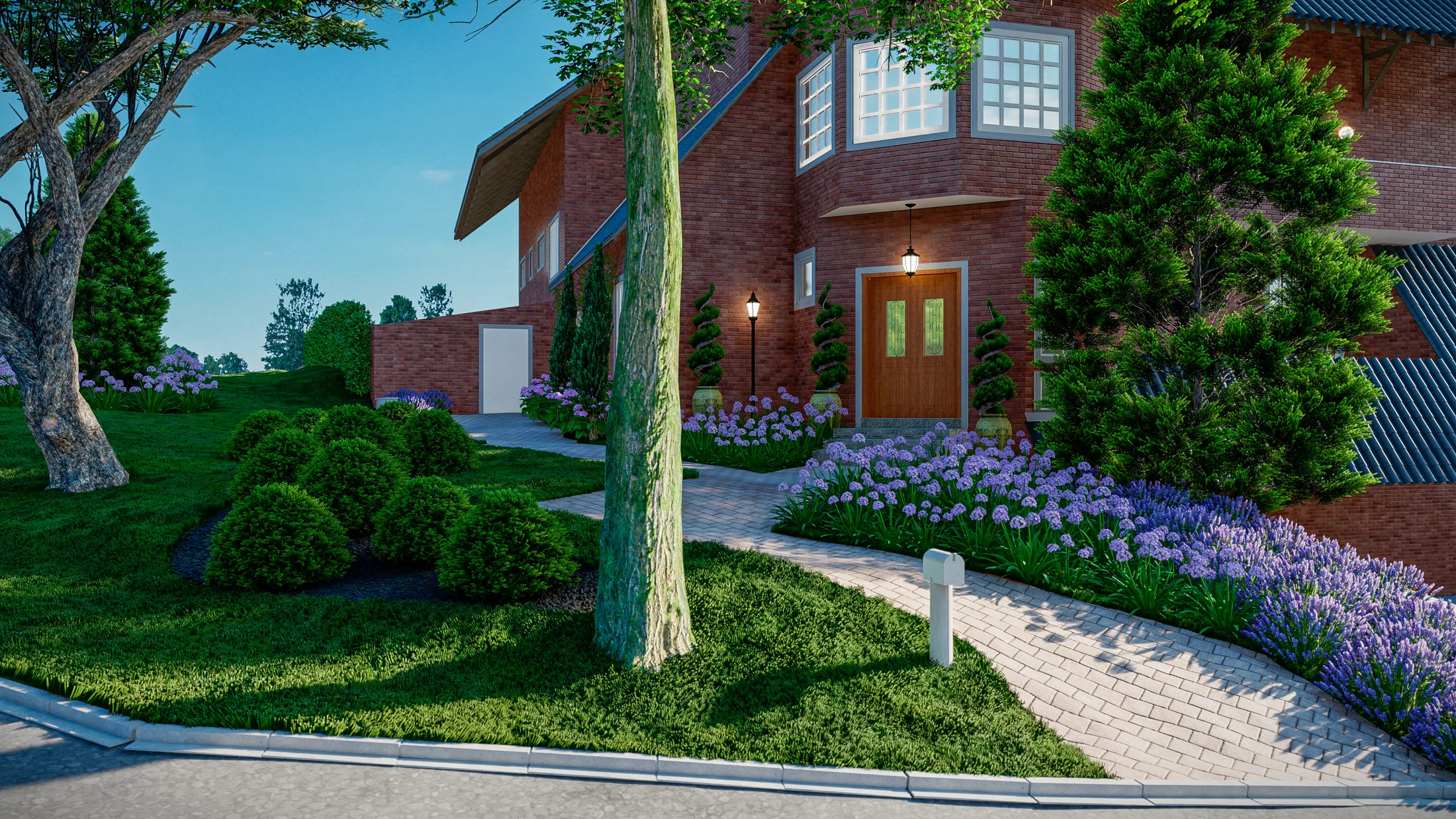 Front garden of a two-storey brick house at dusk, with lawn, rounded boxwood topiary, beds of agapanthus and lavender and a curved path to the lit door