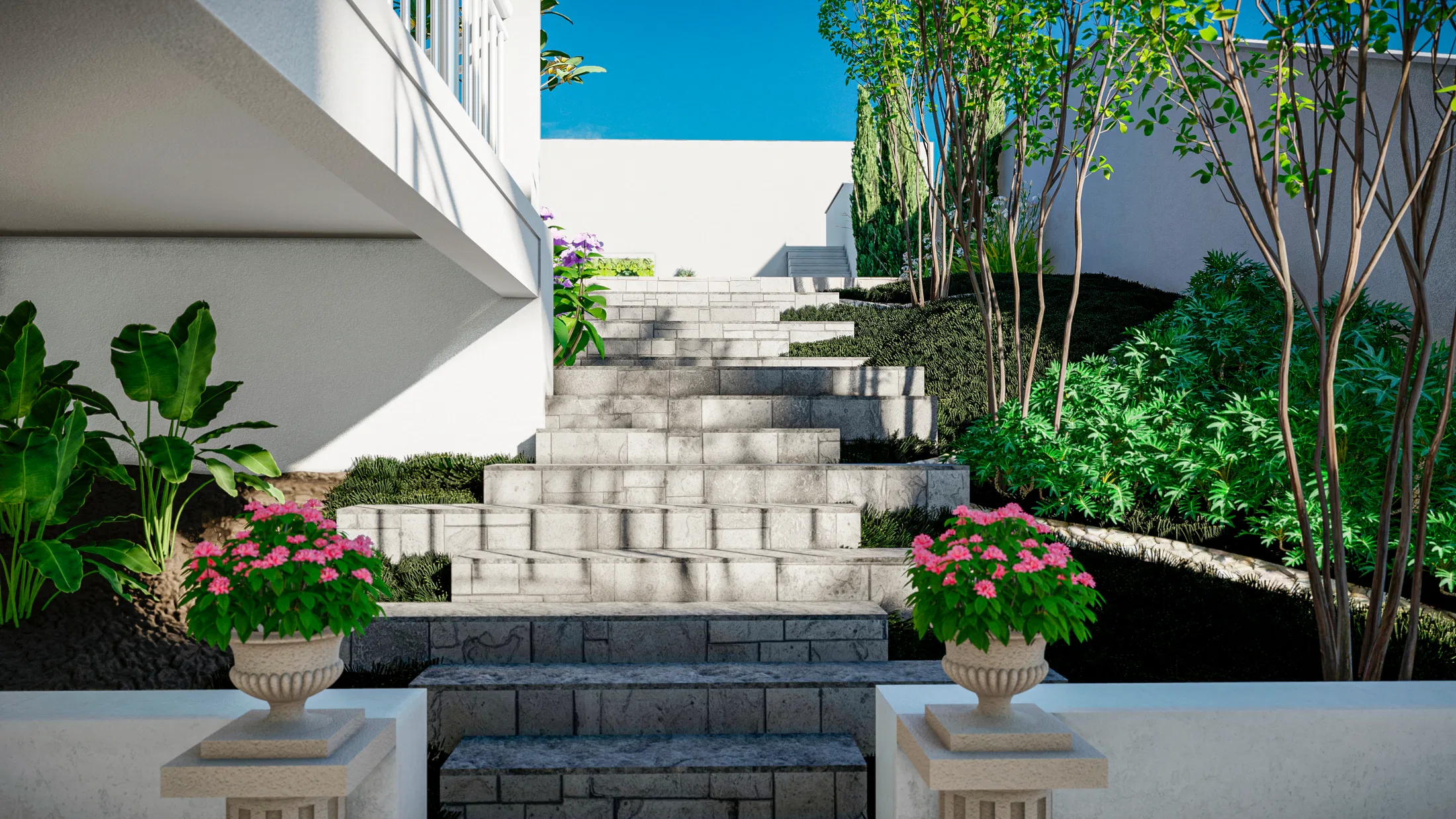 Stone-block staircase between two classical urns of pink hydrangeas on pedestals, framed by tropical foliage and ornamental trees