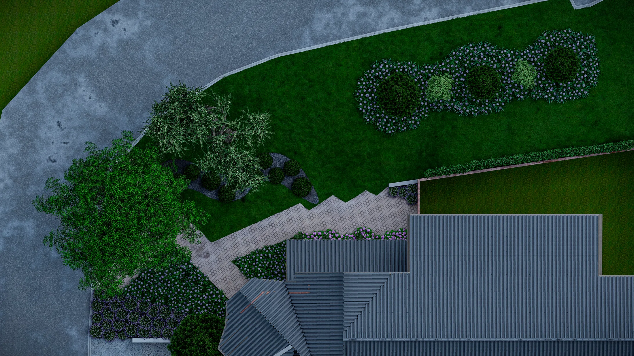 Night top-down view of the plot, revealing the lawn with circular flowering beds, trees and the path curving around the house