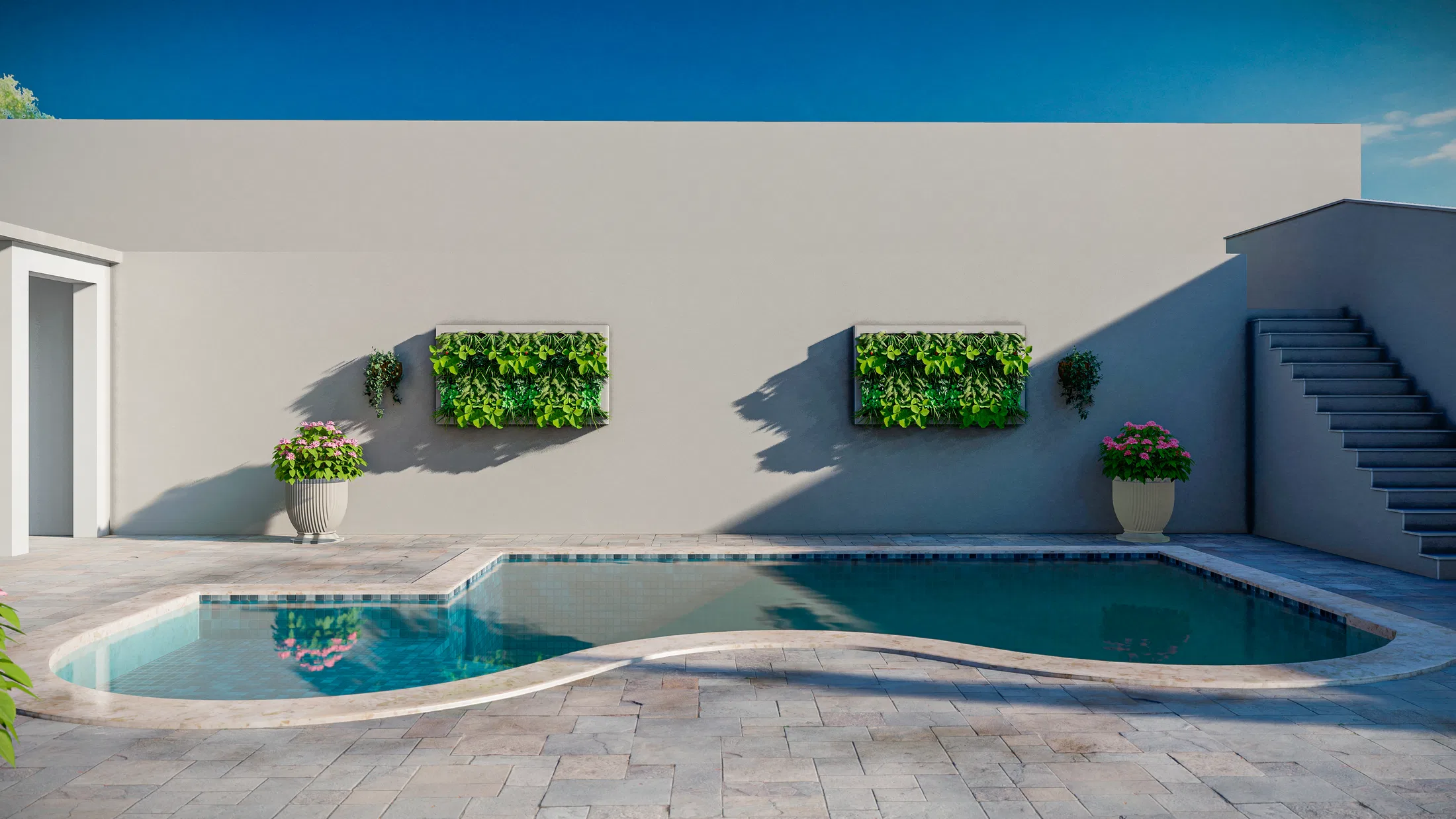 Free-form pool with mosaic edging, two framed vertical-garden panels on the pale wall, classical flowering urns and beige stone paving
