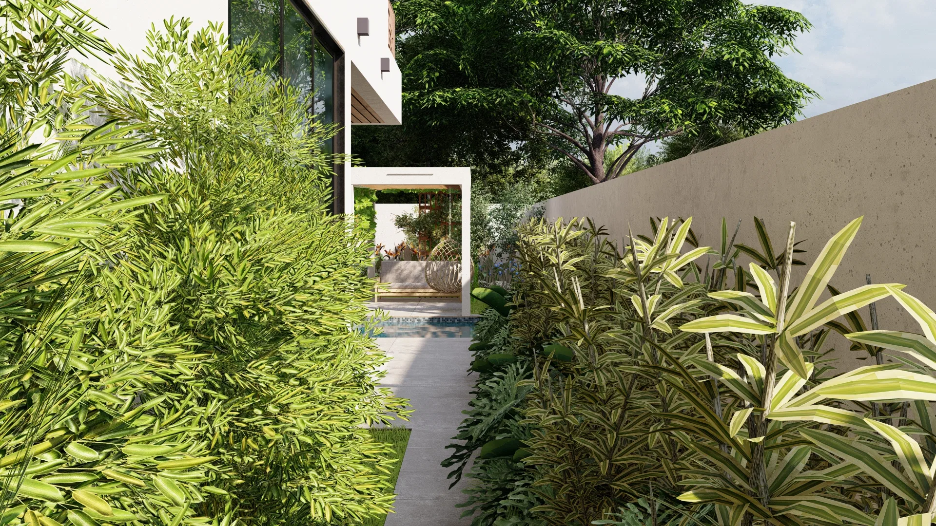 Side corridor with dense bamboo and variegated foliage along a paved path, leading to the pergola and pool in the background