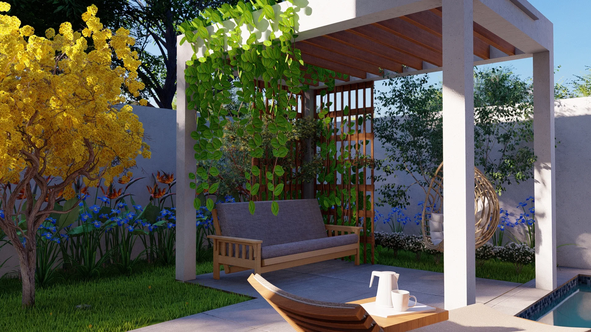 Leisure area under a white pergola, with a cushioned timber bench, a climber trellis, a rattan swing, a flowering yellow ipê and a bed of blue agapanthus