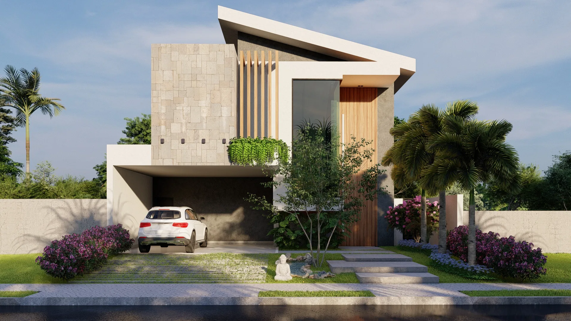Façade of a contemporary house with a sloped roof, a stone volume, timber slats and a hanging garden of trailing plants, a white car in the carport and a stone path with a small sculpture