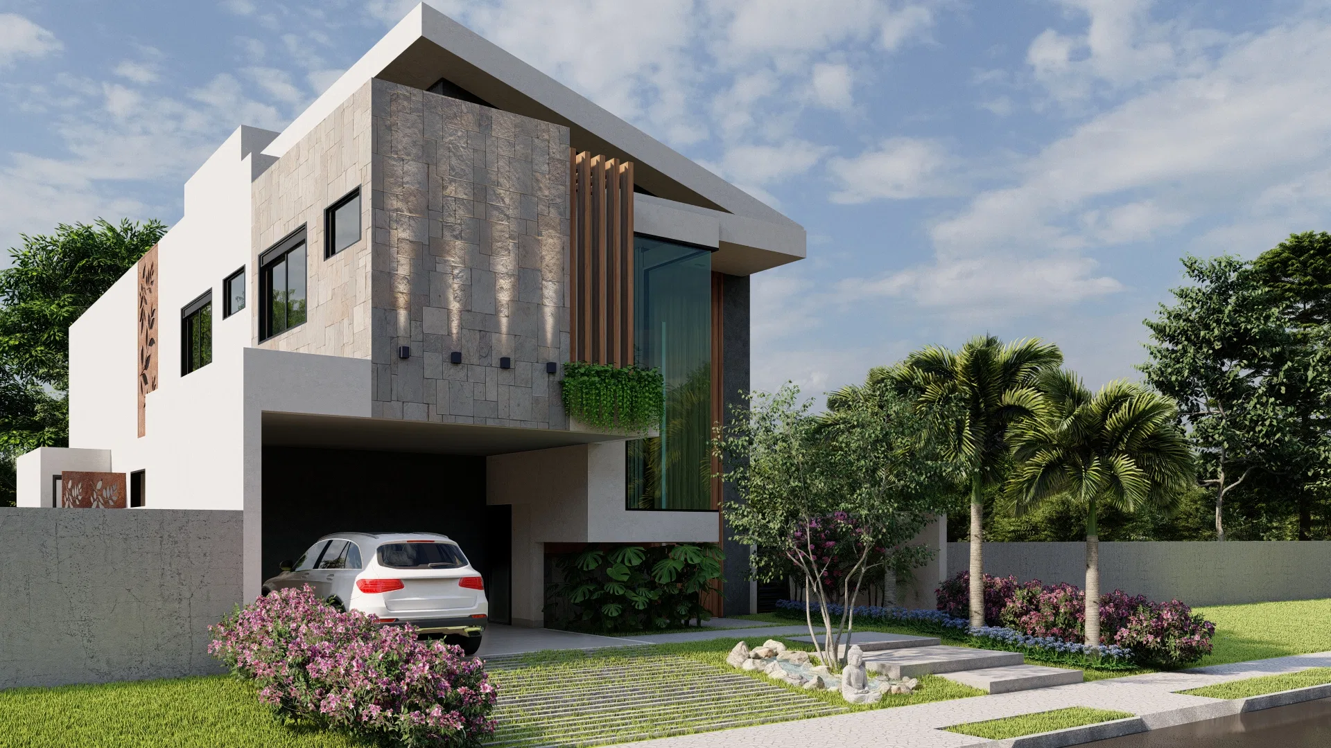 Three-quarter view of the same house, with white volumes and stone cladding, timber slats and trailing greenery, lilac flowering shrubs and palms in the front garden