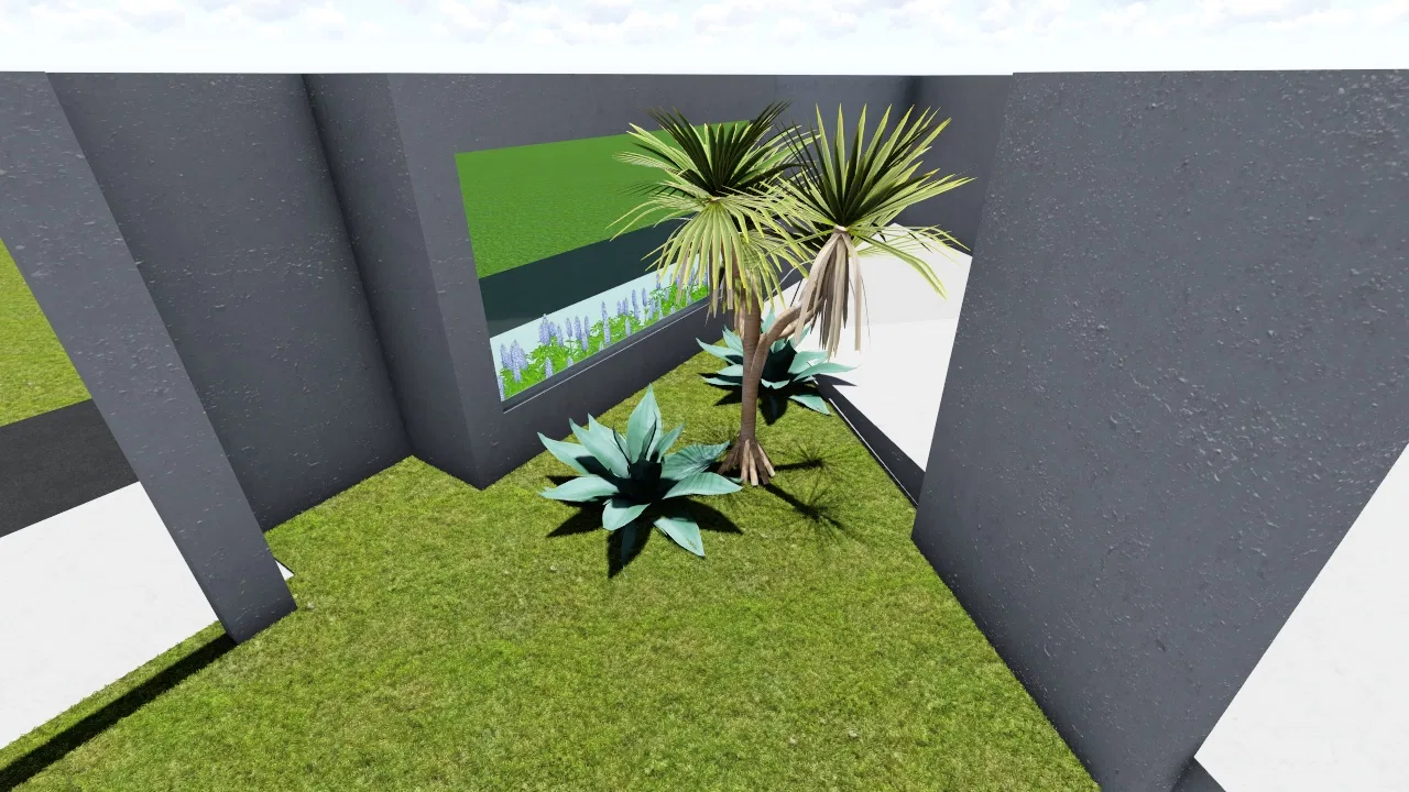 Inner corner between gray walls, with lawn, a slender palm and blue-toned agaves before the panel that reveals the garden beyond