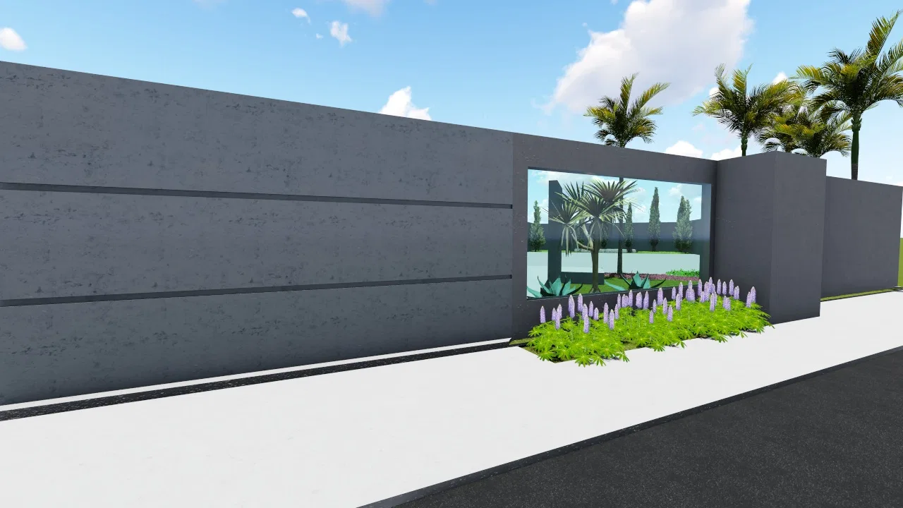 Street-facing concrete wall with a perforated panel framing a scene of palms, fronted by a bed of lilac flowers and green foliage