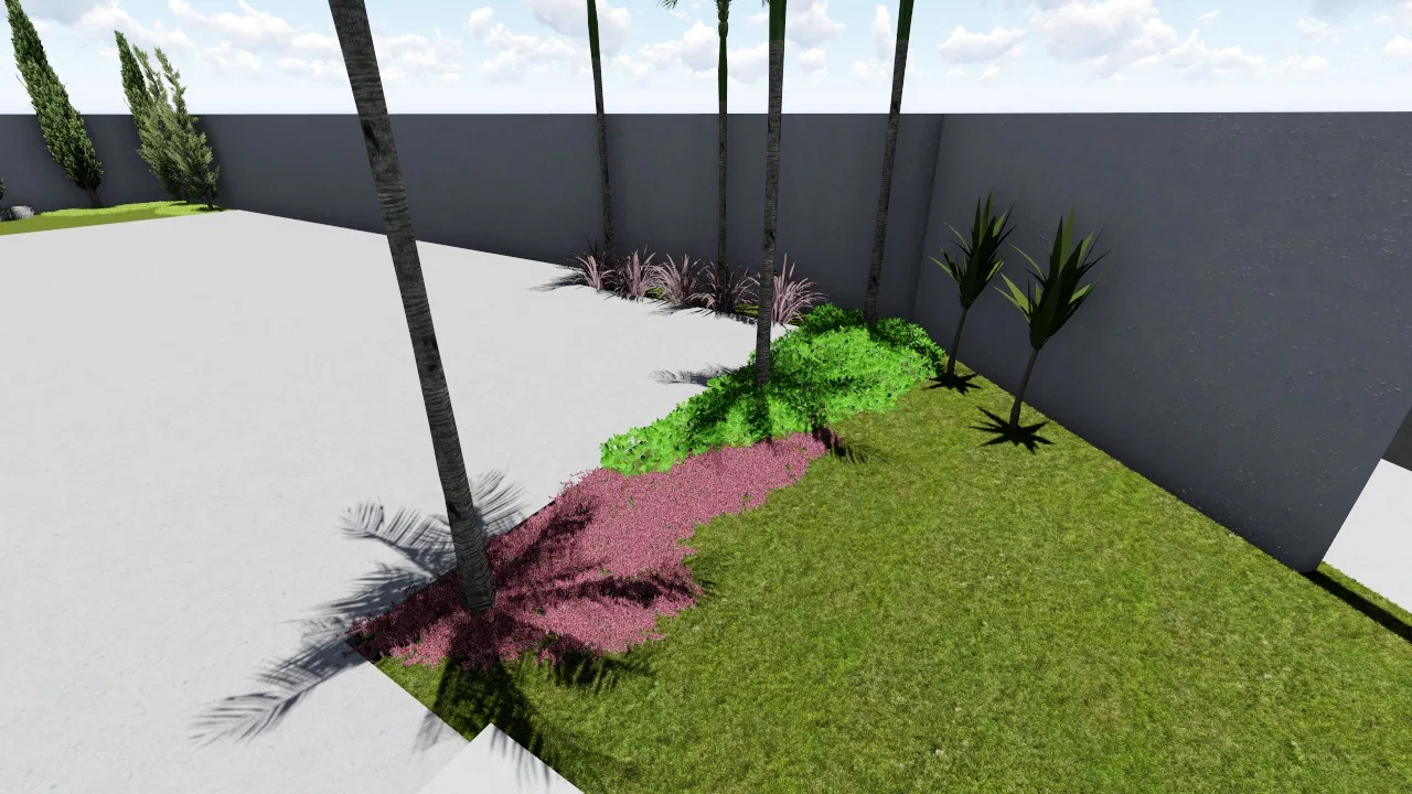 Planted strip along the wall with palms and cypresses, wine-red groundcover, green shrubs and small dracaenas over pale paving and lawn