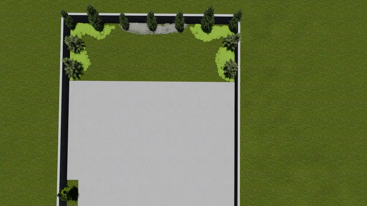 Top view of the plot showing shrub and tree beds along the perimeter, with a large paved area and surrounding lawn