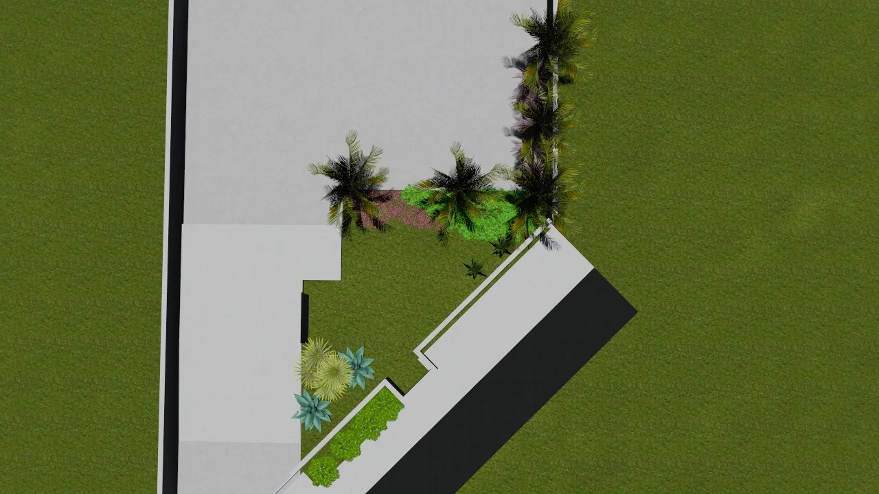 Aerial view of a planted corner with palms, a mass of green shrubs, purple groundcover and agaves along a paved path
