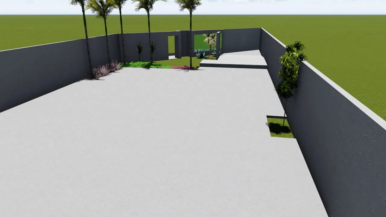 Perspective of the walled courtyard with tall palms grouped near the entrance, small beds and a broad pale floor under a blue sky