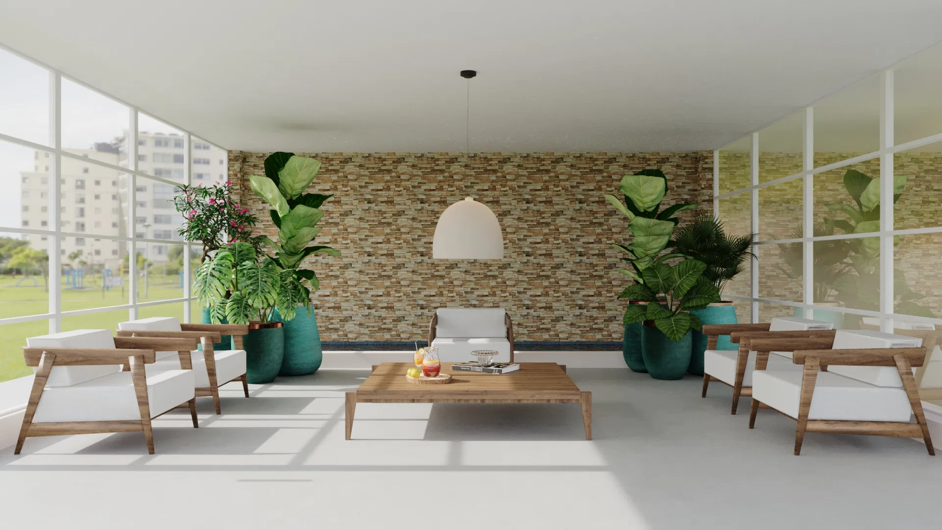 Covered condominium lounge with wooden armchairs, a low table and large turquoise planters of tropical foliage before a glass wall.