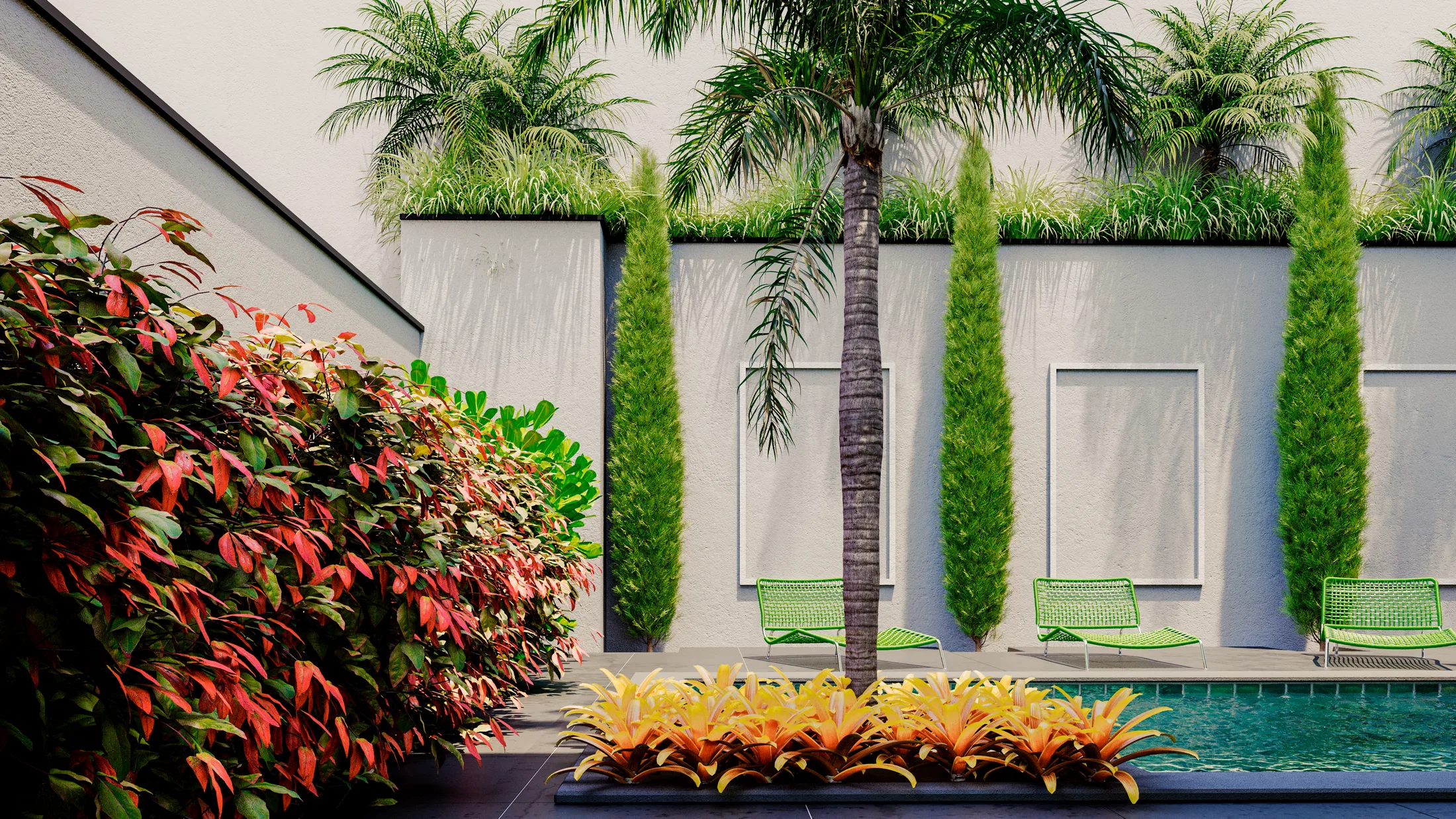 Pool with a central palm tree, a row of cypresses and a bed of yellow bromeliads at the edge