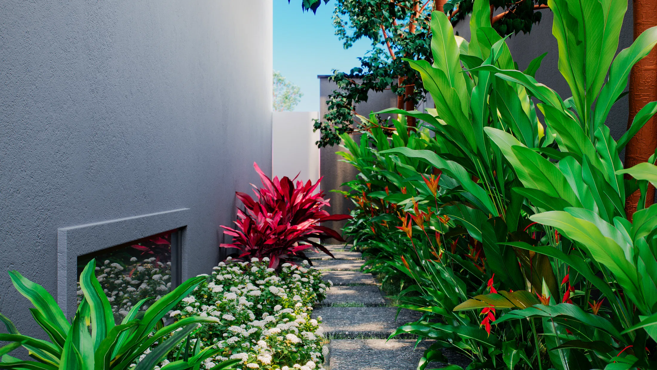 Narrow side corridor with a red bromeliad, white flowering ground cover and tropical foliage along the sides