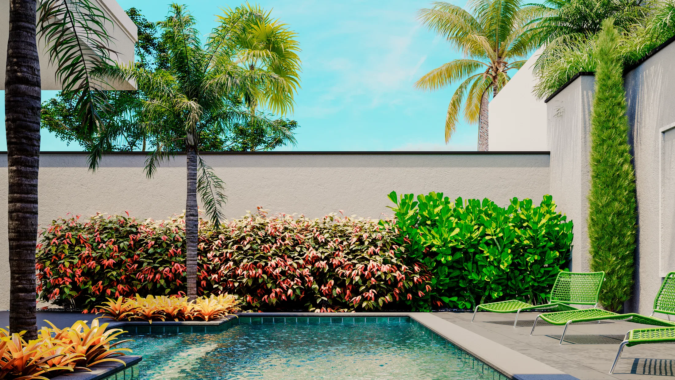 Pool edge with red-and-green leaved shrubs, tall palm trees and green lounge chairs