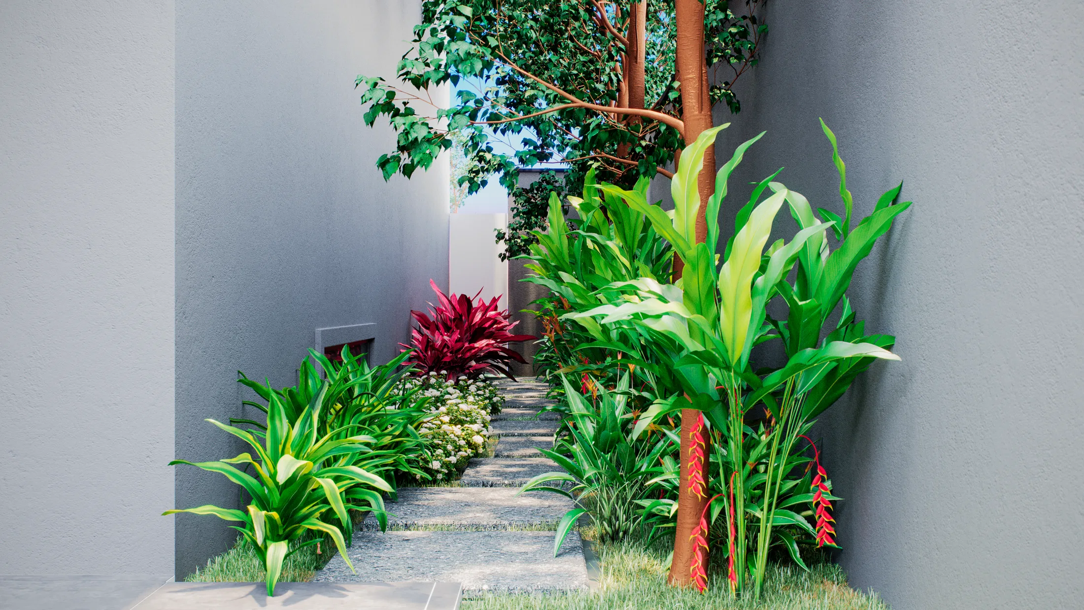 Another stretch of the side corridor with a red bromeliad, heliconias and variegated foliage along the walls