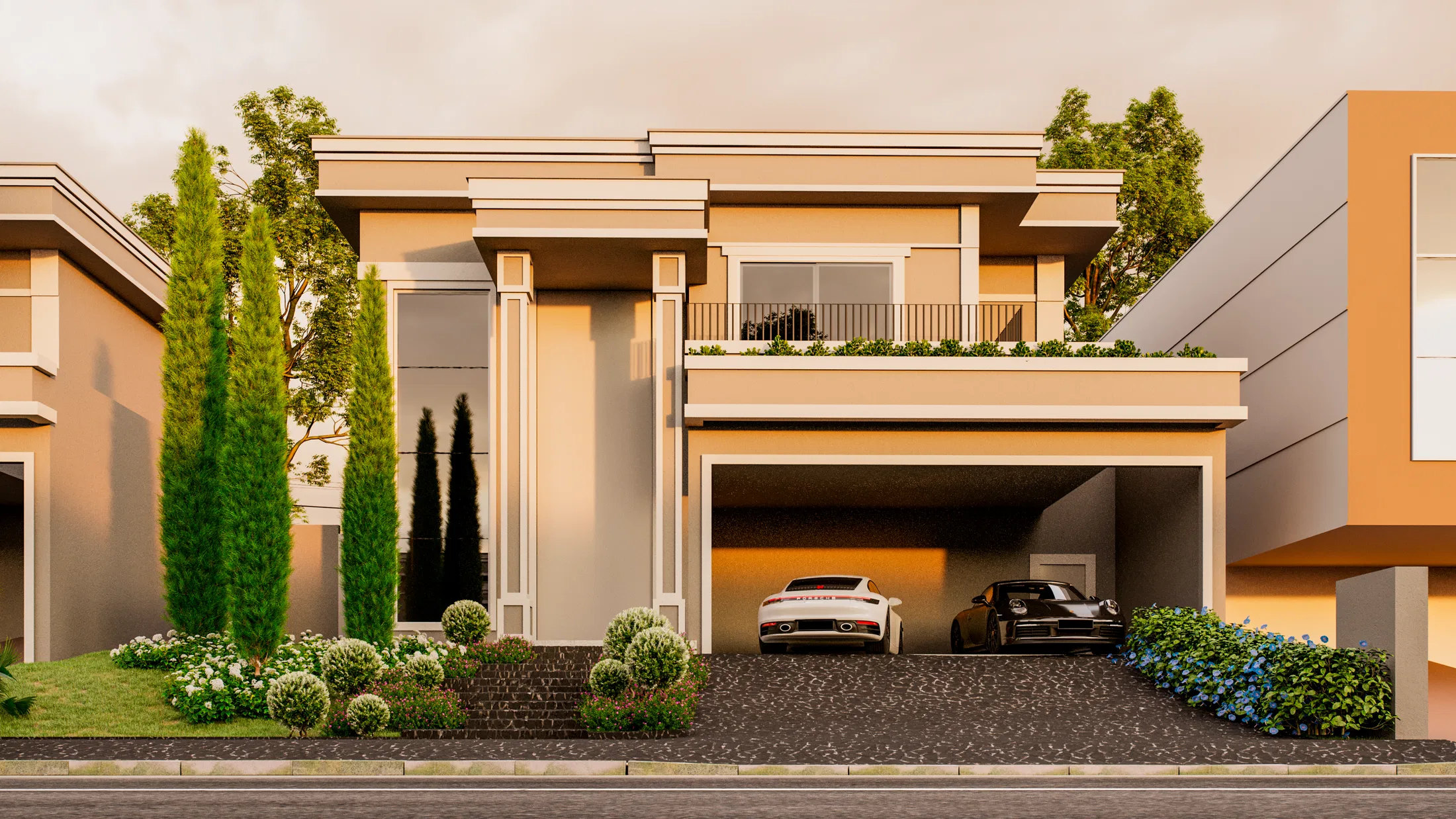 Two-story facade at dusk with Italian cypresses, a flowering front garden and two cars in the garage