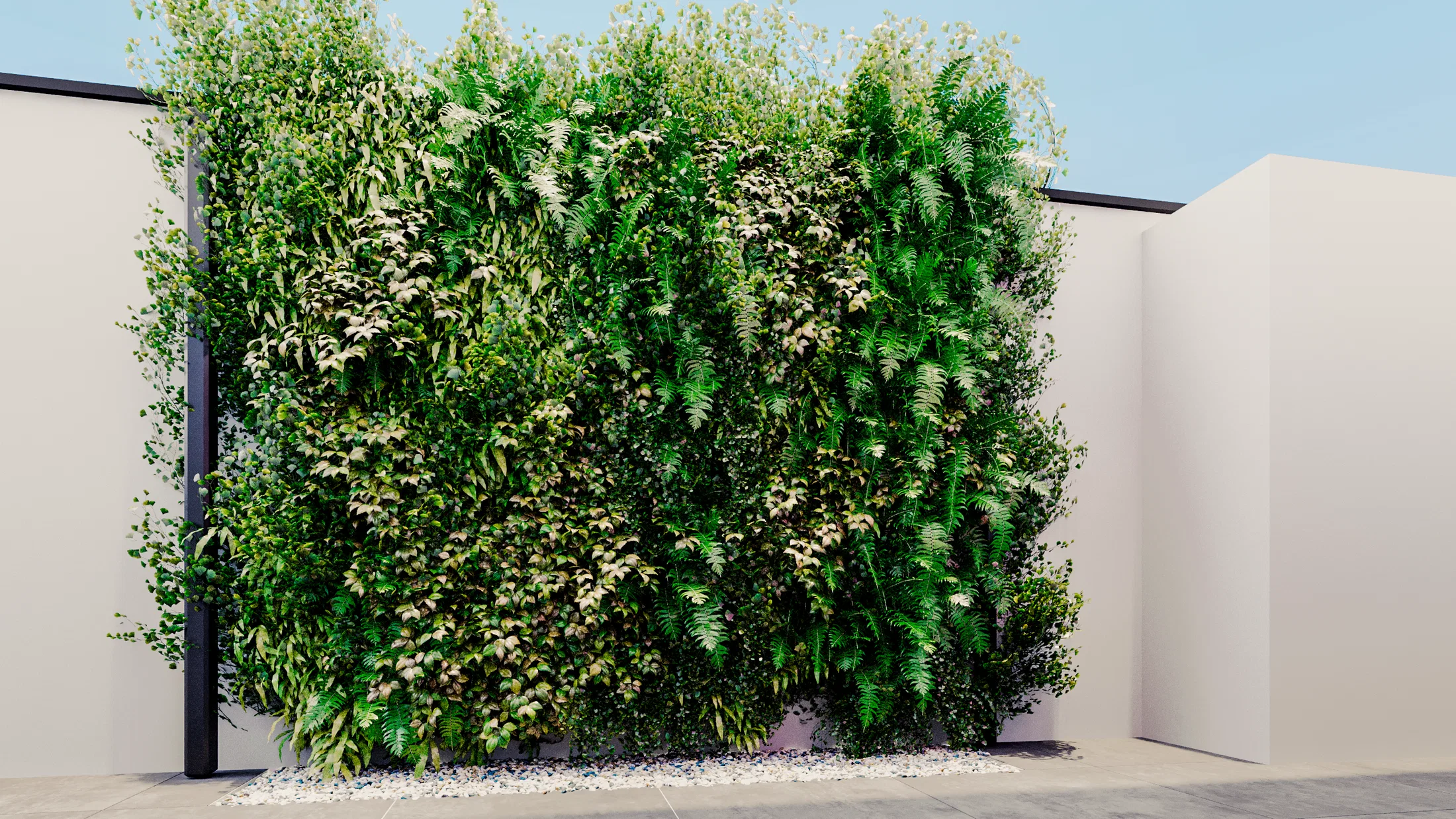 Vertical garden panel with varied foliage fully covering a section of the outer wall