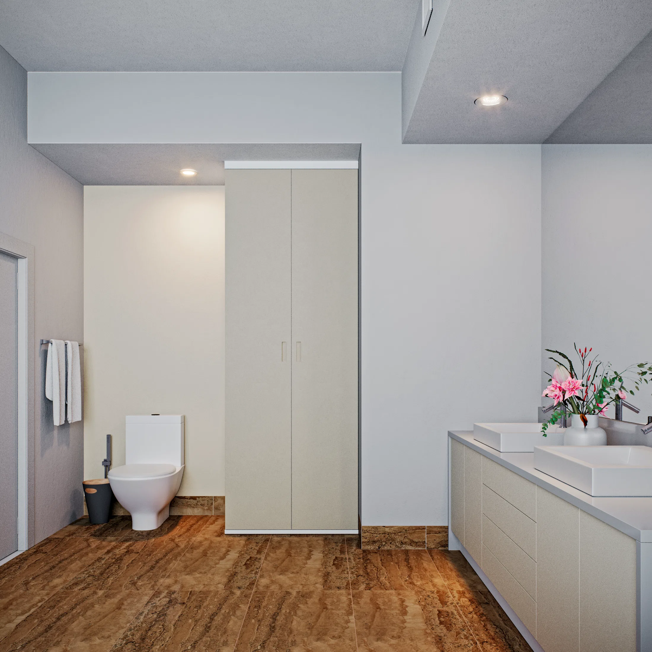 Wall-hung toilet beside a tall light-toned cabinet, with a double vanity of white basins and a pink flower arrangement to the right