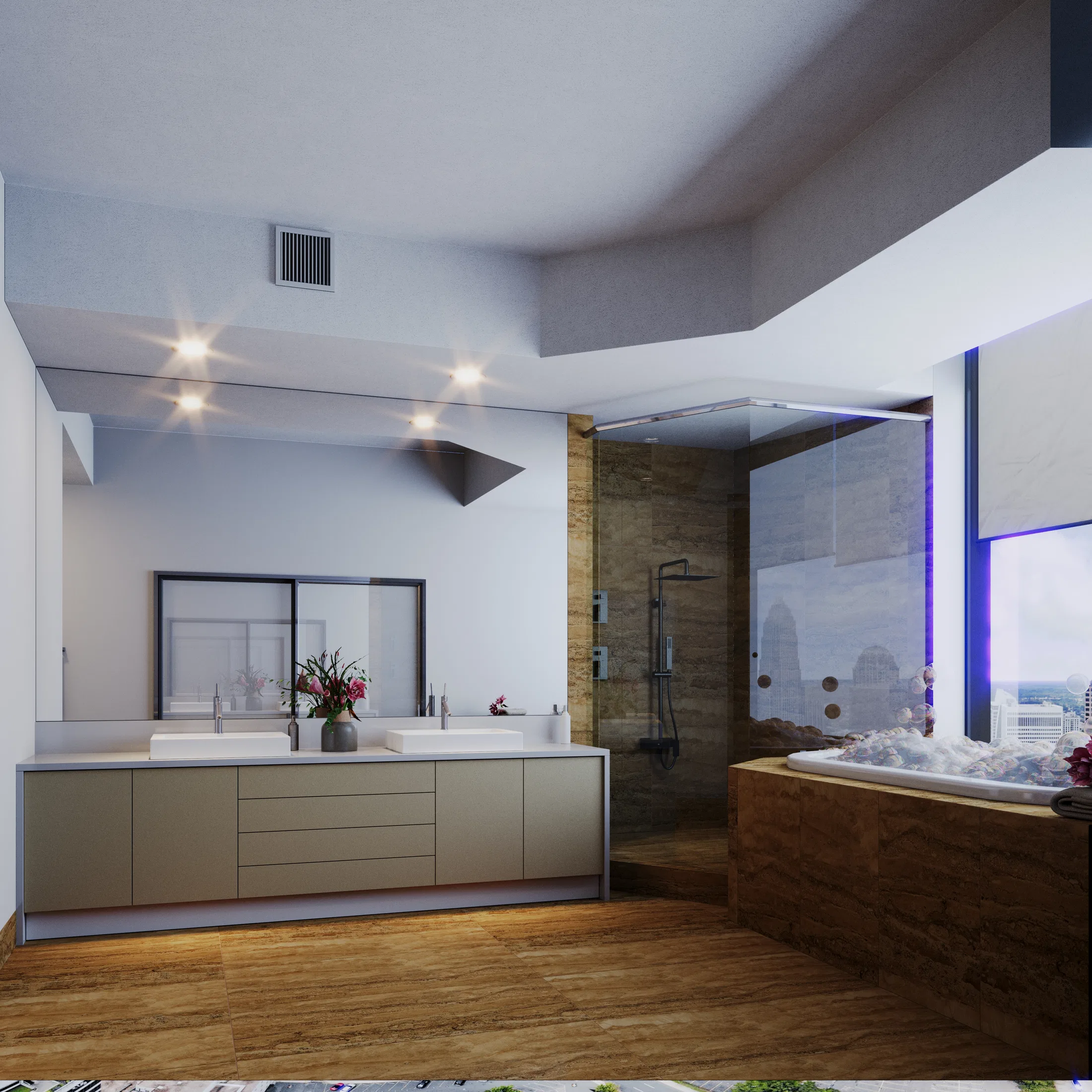 Bathroom in warm evening light, with a framed mirror, double vanity and a foam-filled tub beside a blue-lit window