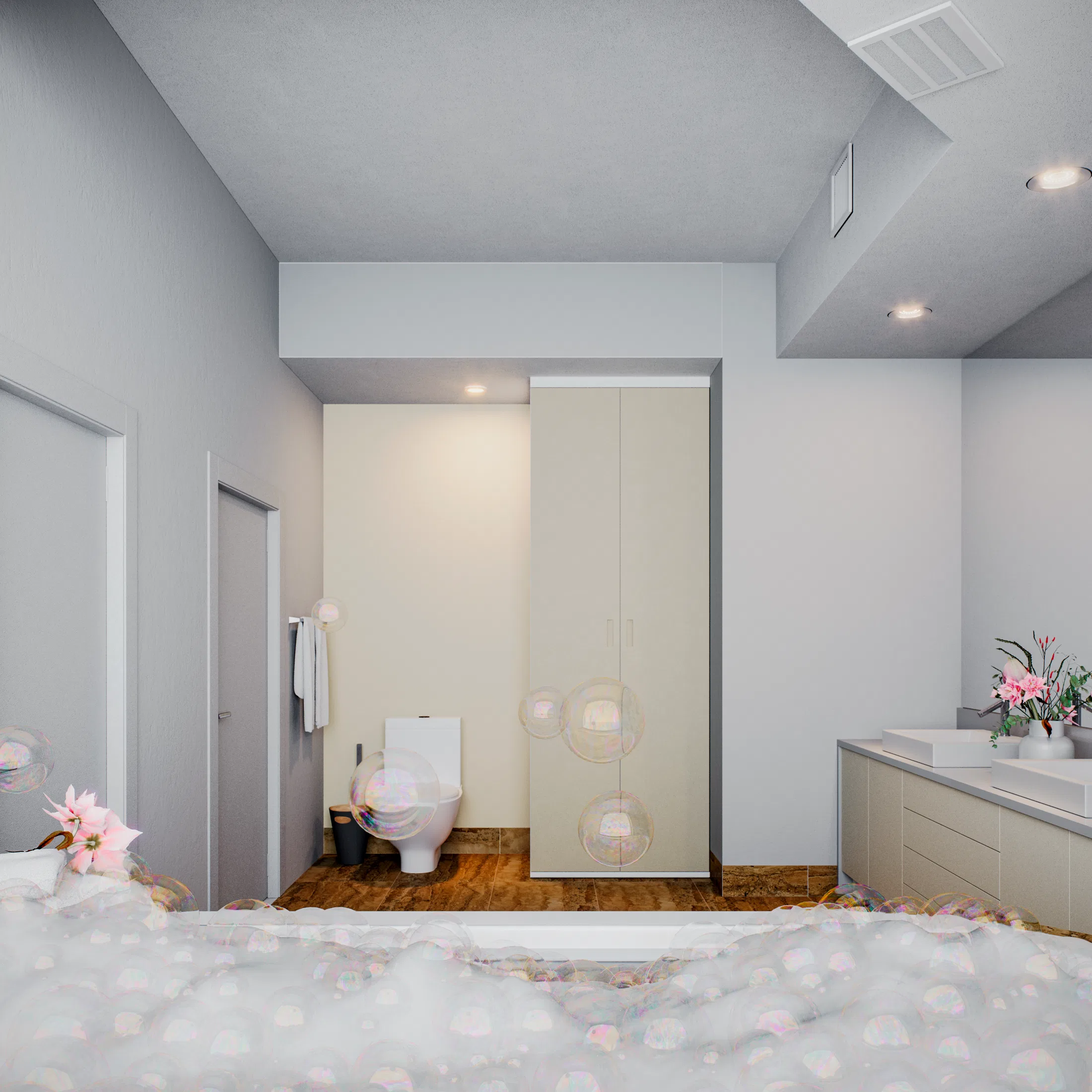 View from the foam-filled tub toward the toilet, tall cabinet and vanity, with soap bubbles drifting through the air