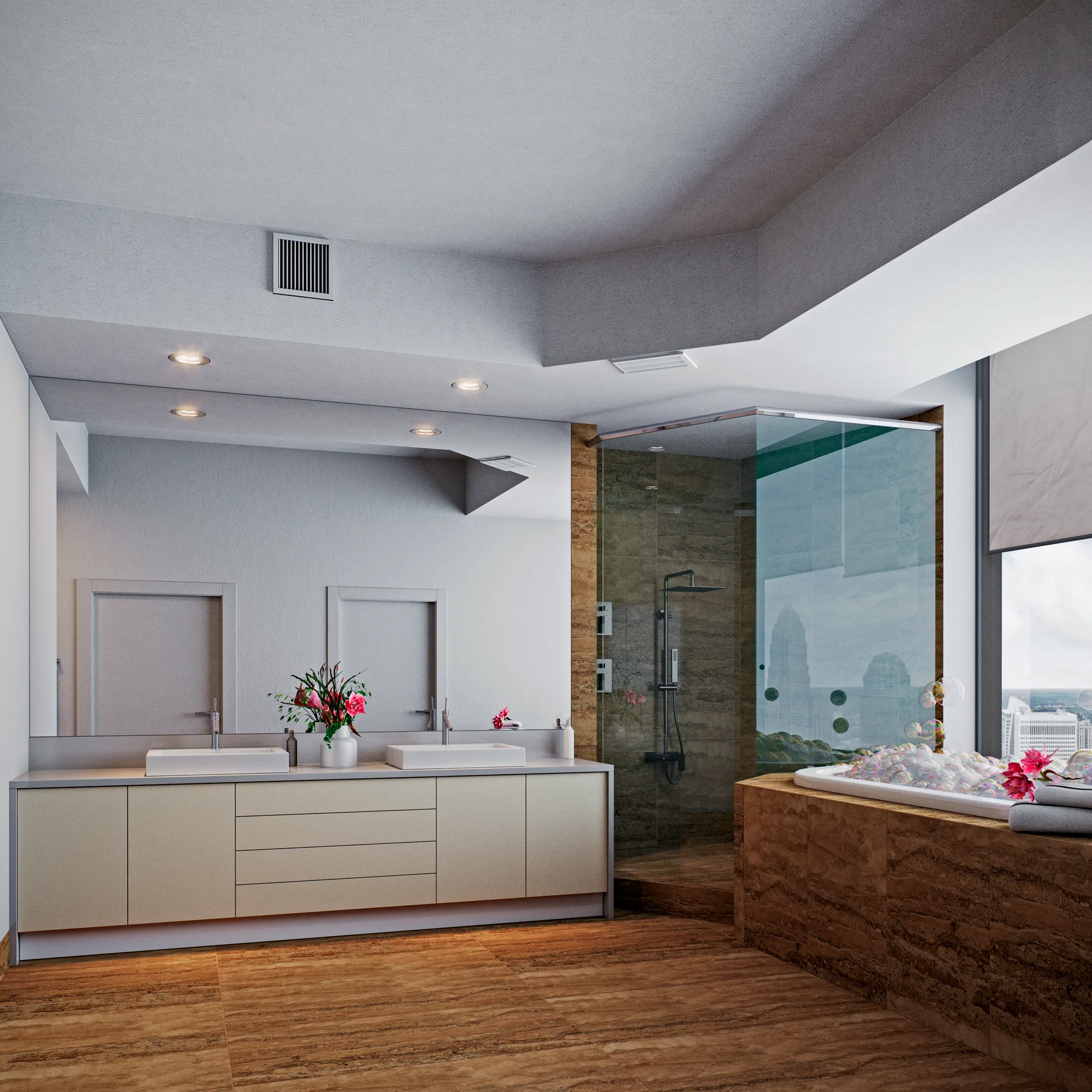 Spacious bathroom with a double vanity, a stone-walled glass shower and a corner tub by a window overlooking the city