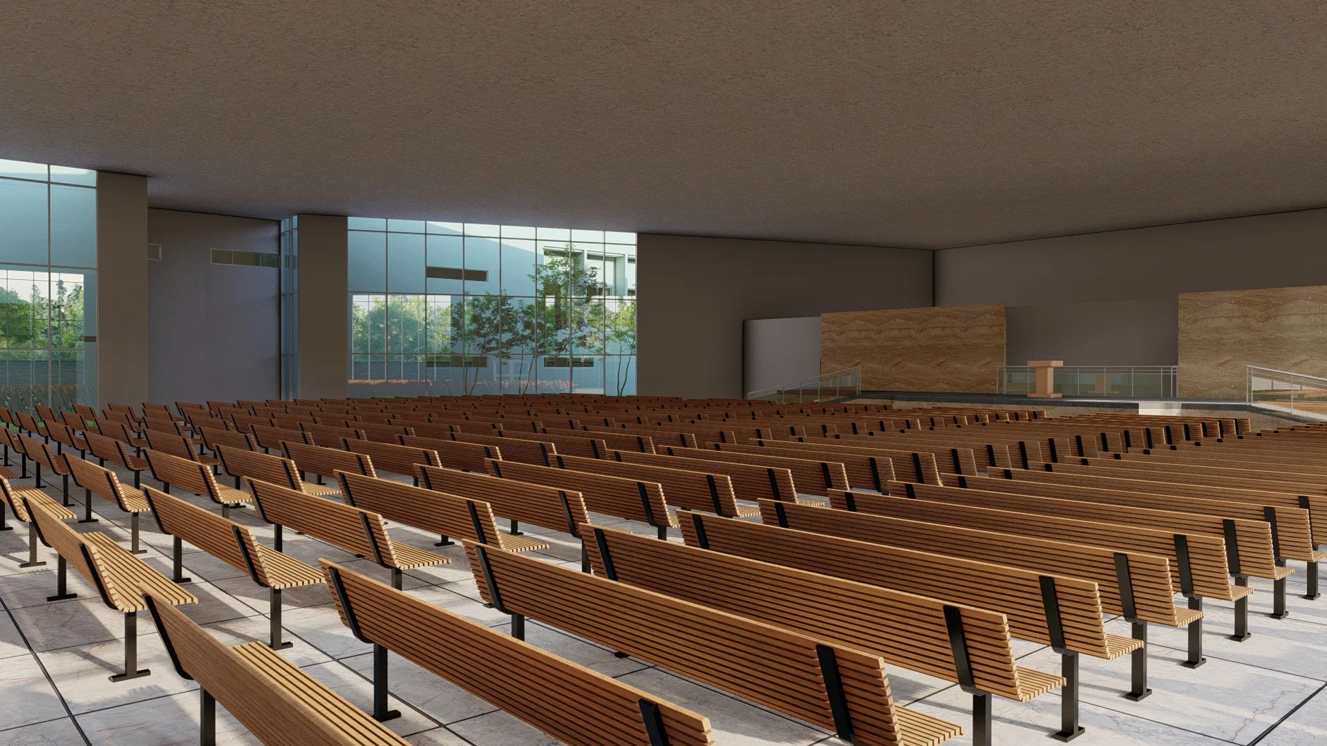 Main auditorium with rows of wooden benches facing a wood-clad altar, lit by a glass wall onto the garden