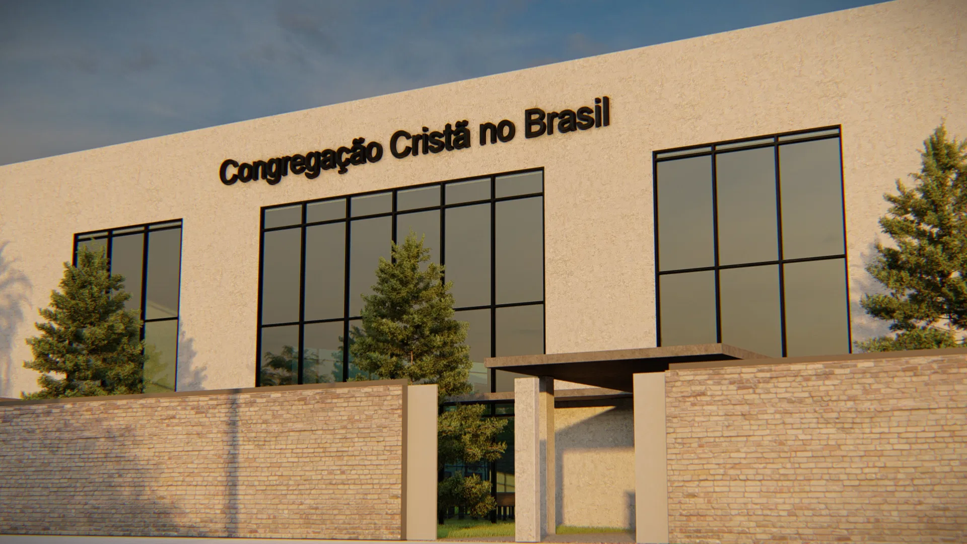 Beige front facade with large dark window frames and the Congregação Cristã no Brasil lettering, among conifers and a stone wall